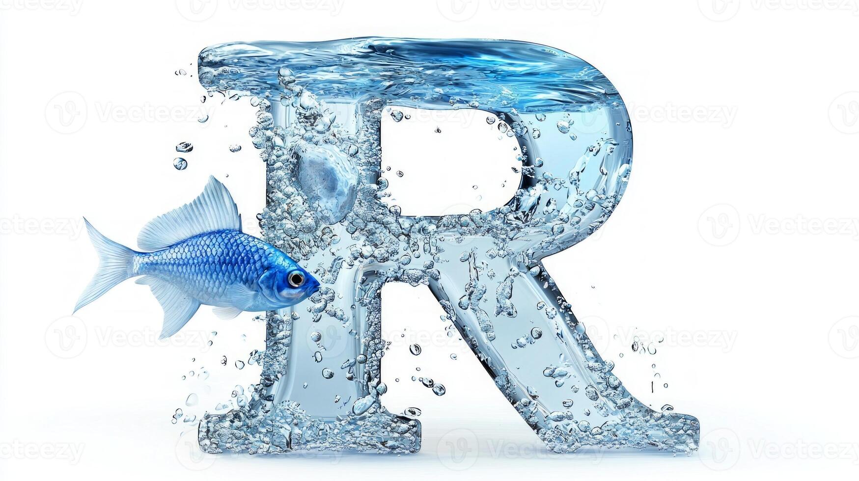 artistic representation features a transparent letter R, elegantly formed from glass and brimming with water, showcasing vibrant fish swimming gracefully within. photo