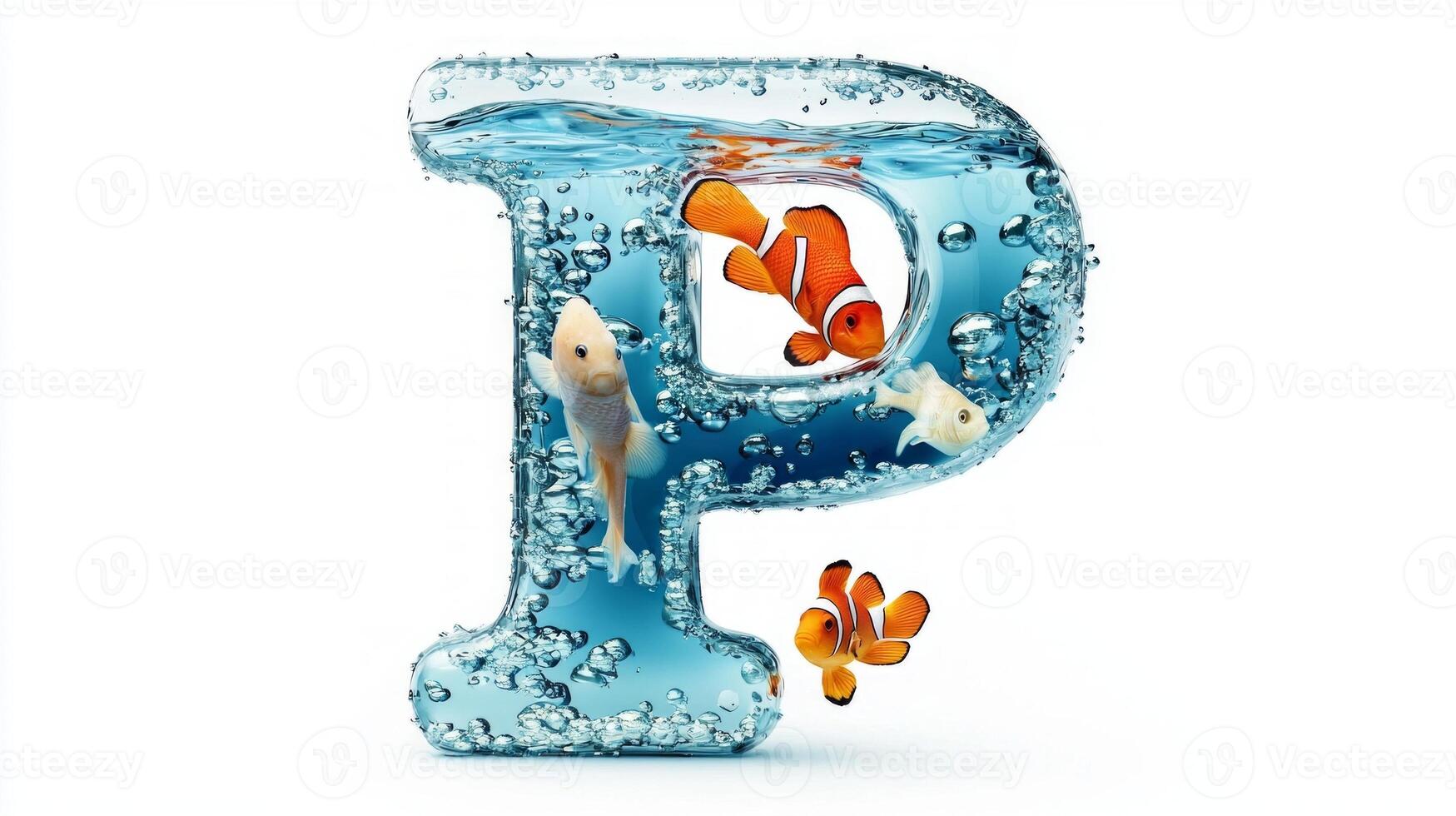 stunning glass letter P encapsulates lively fish swimming in clear water, creating an enchanting aquatic environment set on a pure white background. photo