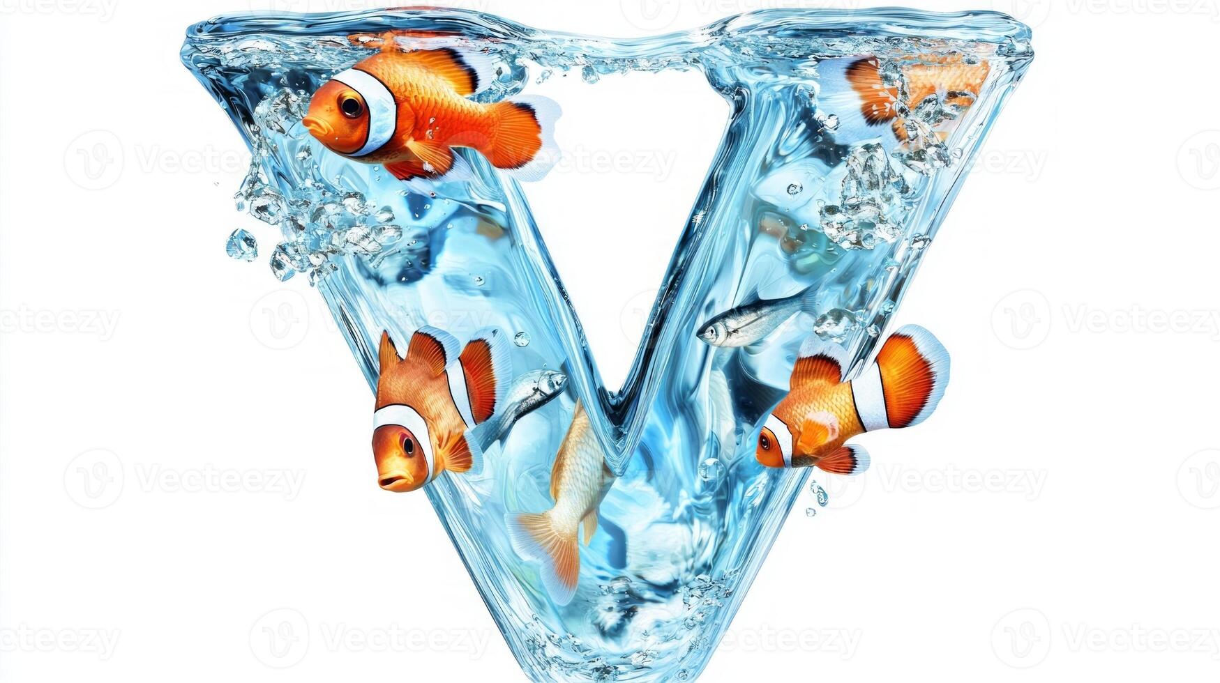 creative representation of the letter V showcases a stunning glass shape filled with clear water and lively fish, set against a clean white background photo