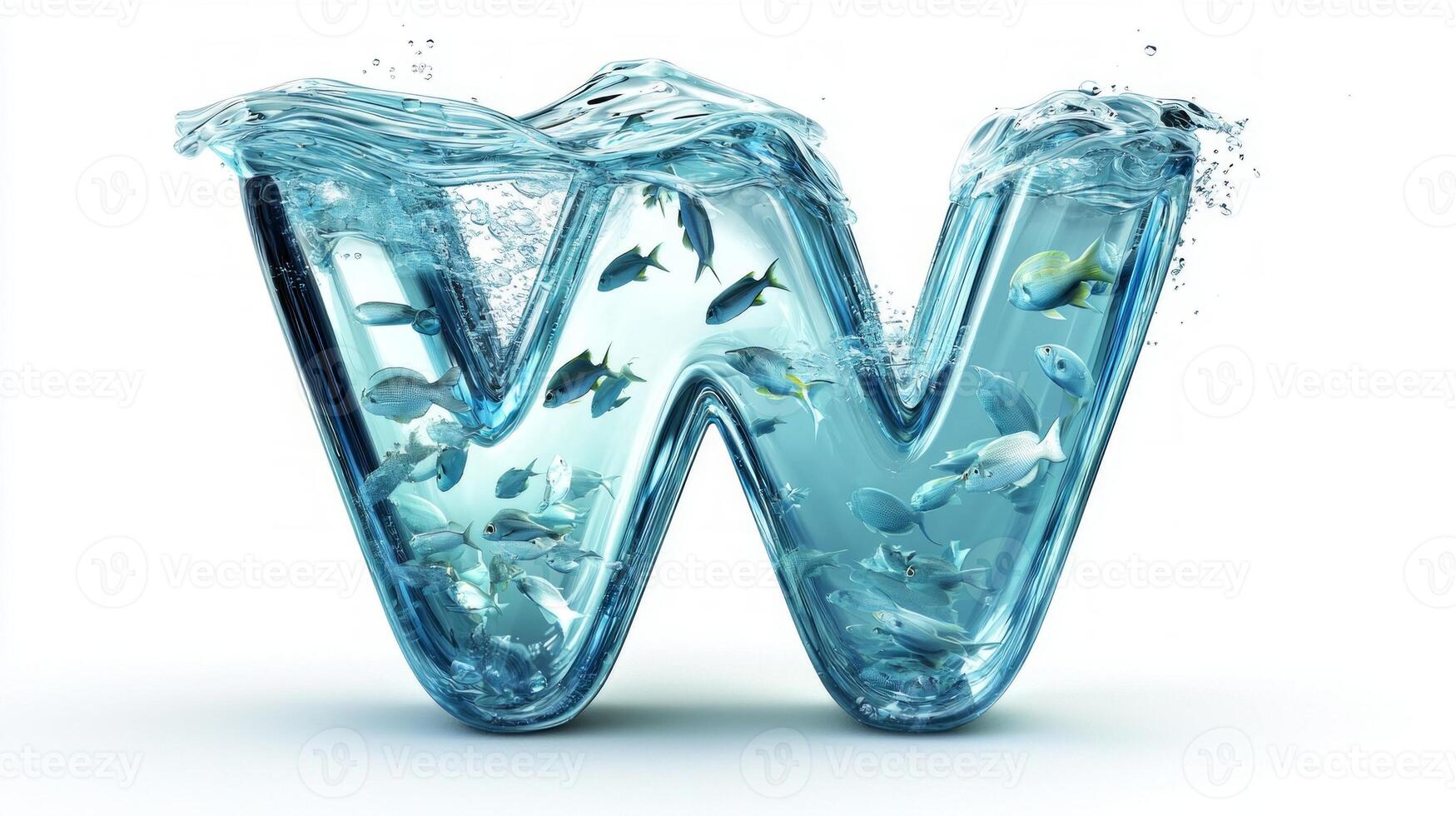 striking design features the letter W crafted from transparent glass, filled with sparkling water and lively fish, all set against a clean white backdrop, creating an eye-catching visual. photo