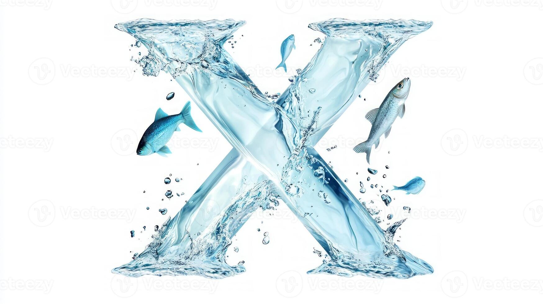 letter X showcases a captivating glass texture filled with clear water and vibrant fish, creating a playful, aquarium-inspired design against a pristine white backdrop. photo