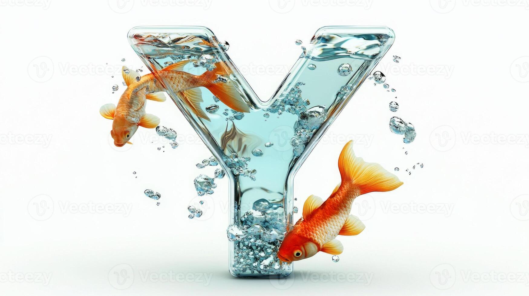 artistic representation showcases the letter Y, crafted from glass and filled with water and lively fish. It stands out beautifully against a white backdrop, inviting wonder. photo