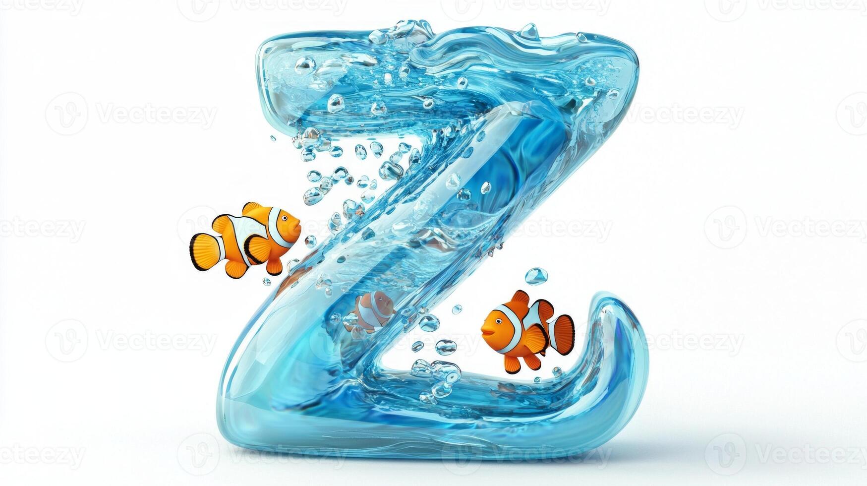 artistic representation showcases the letter Z constructed from transparent glass, filled with shimmering water and vibrant fish swimming playfully within. photo