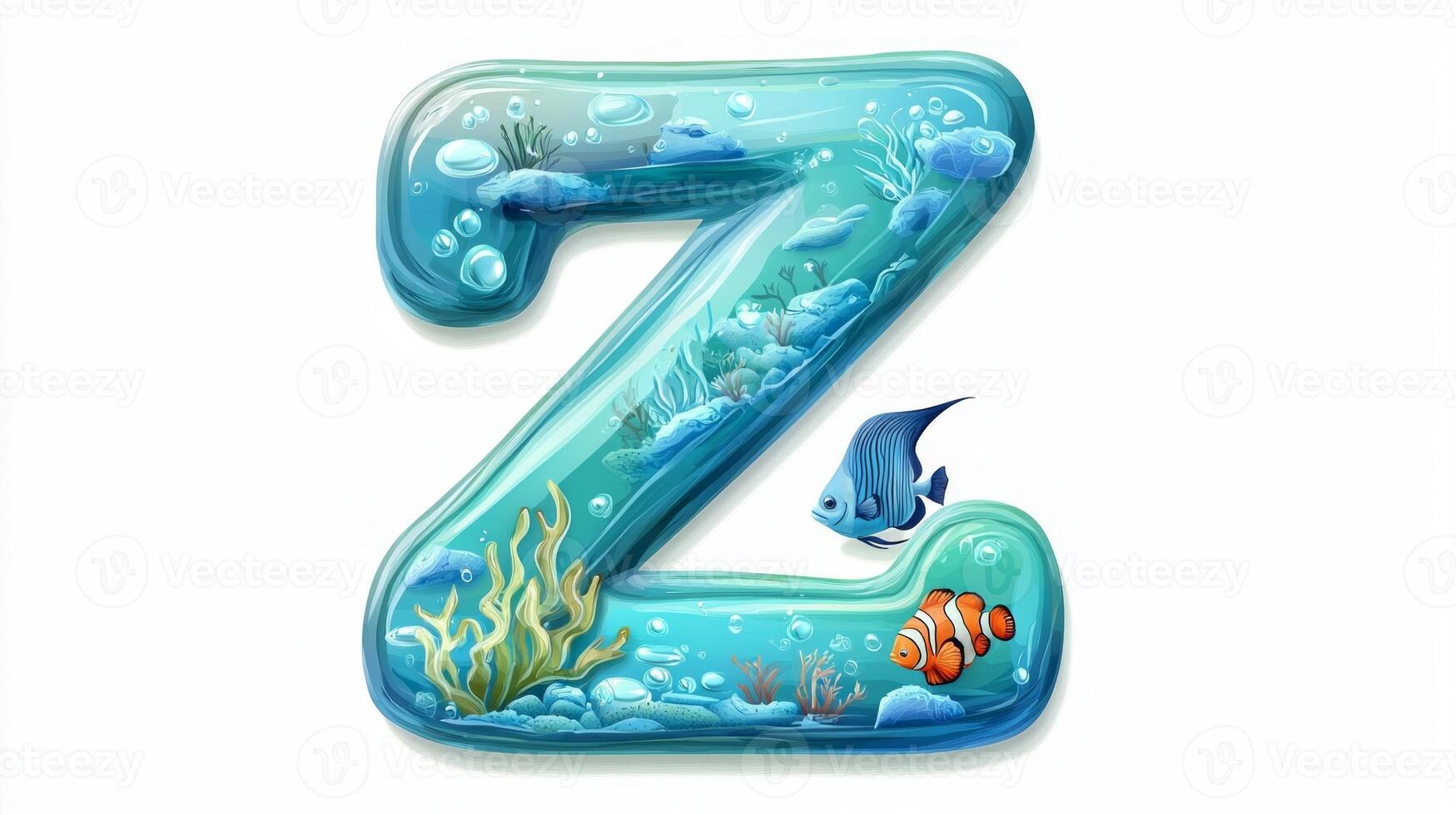 whimsical letter Z showcases a clear glass texture filled with colorful fish and aquatic plants, creating a fun aquarium atmosphere. Ideal for educational purposes. photo