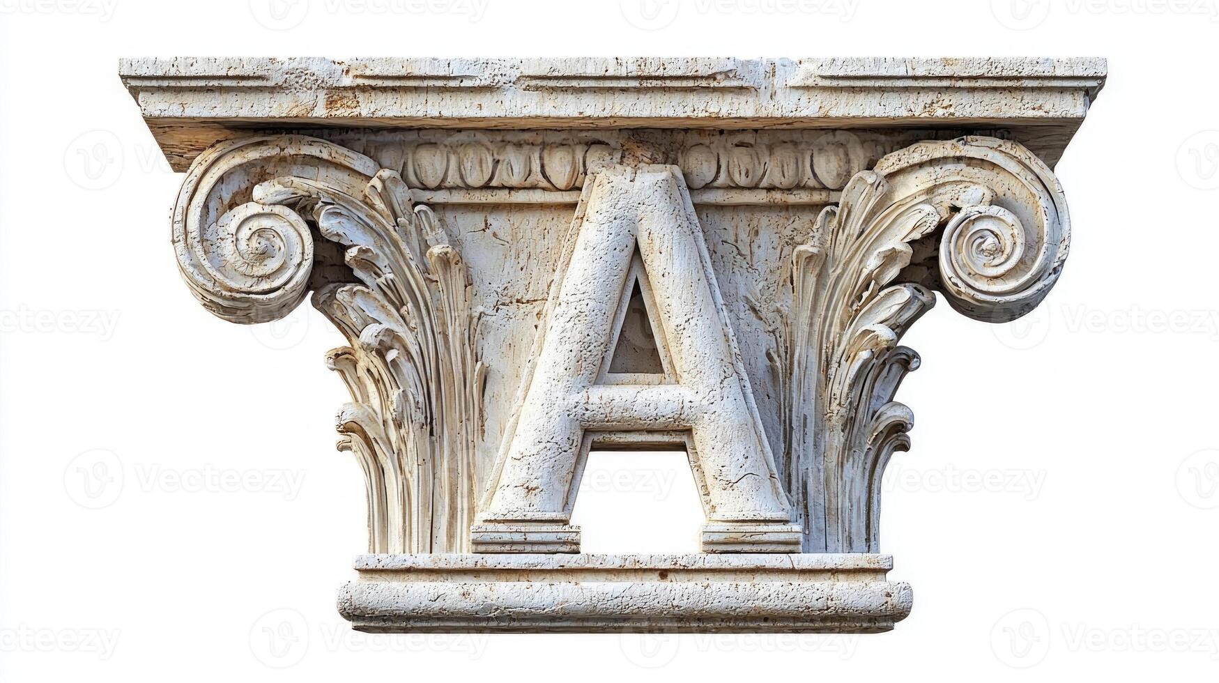antique column showcases the letter A, beautifully carved and detailed. The texture reflects craftsmanship, creating a striking visual against the clean white background. photo