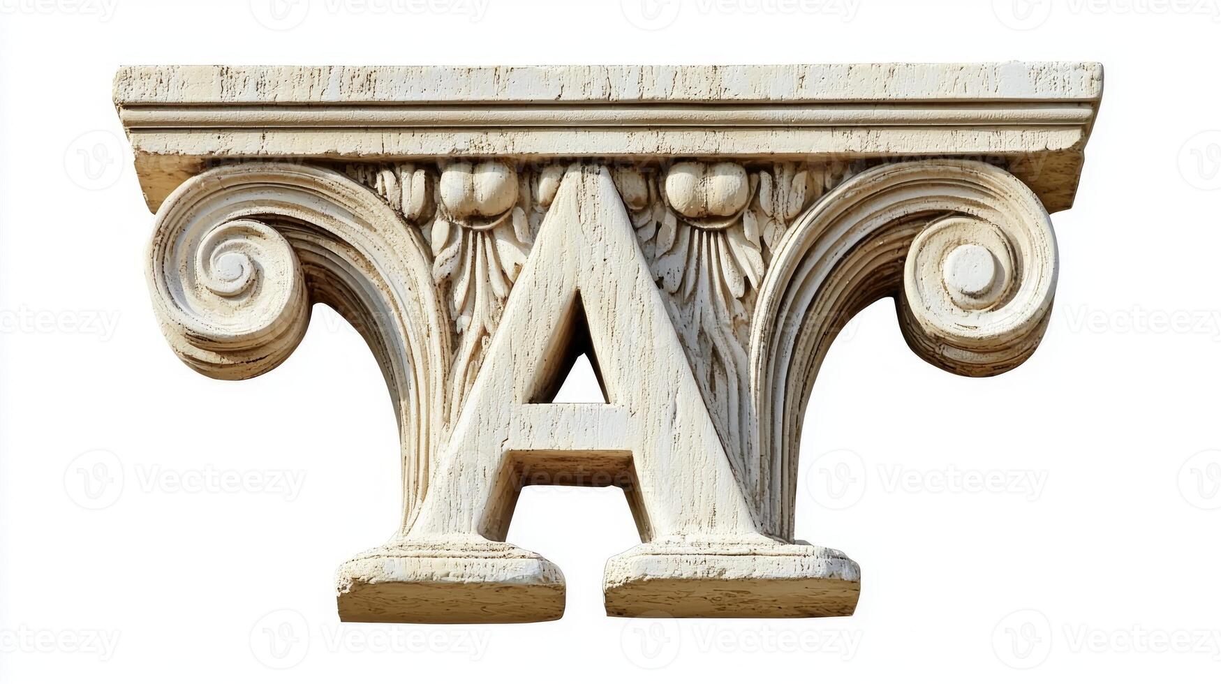 letter A stands prominently, featuring a detailed antique column texture. Its elegant design highlights craftsmanship and adds character against a clean, white backdrop. photo