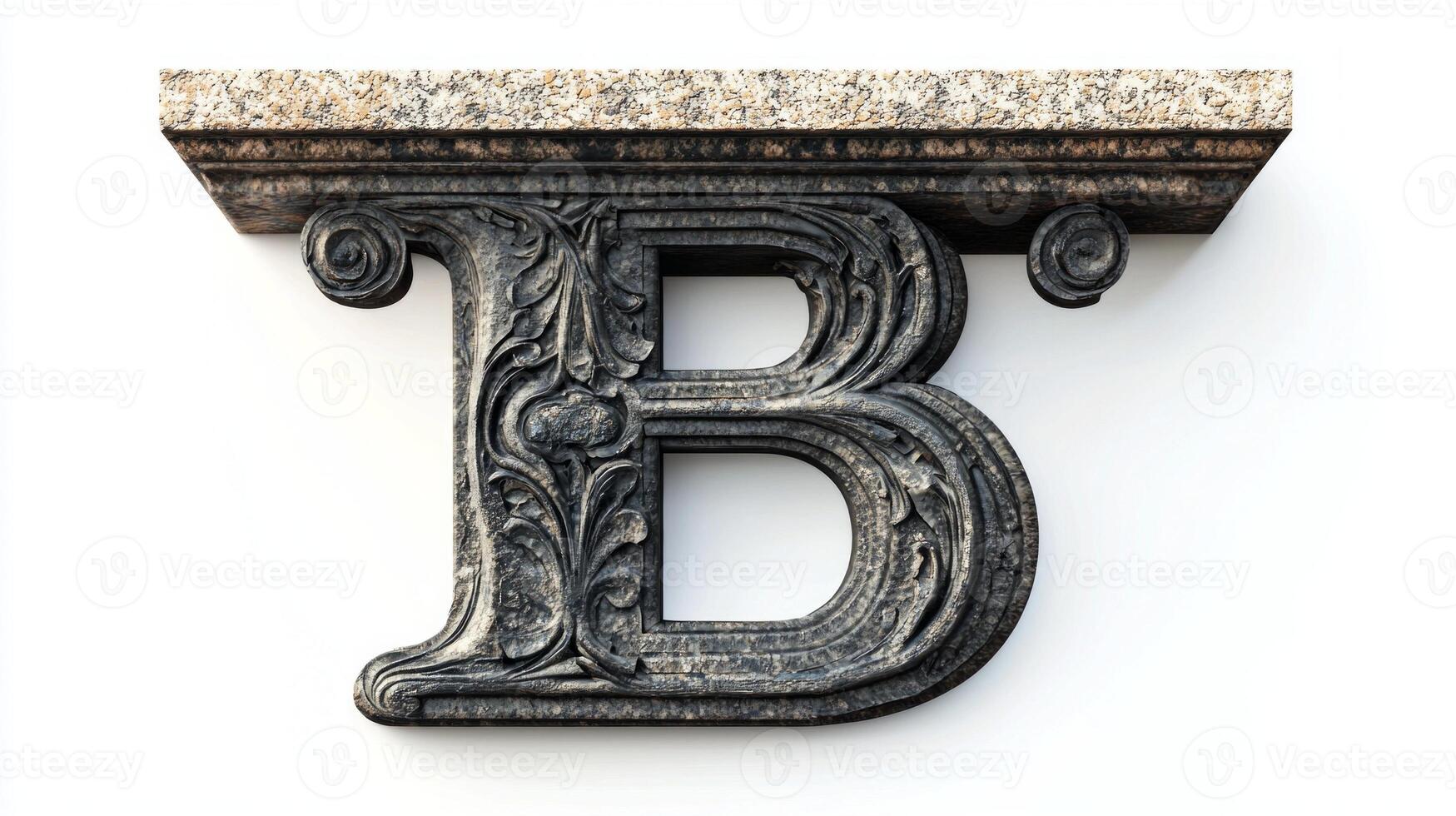 antique letter B stands out with its intricate column-like texture, appearing artistically against a clean white backdrop, evoking historical elegance. photo