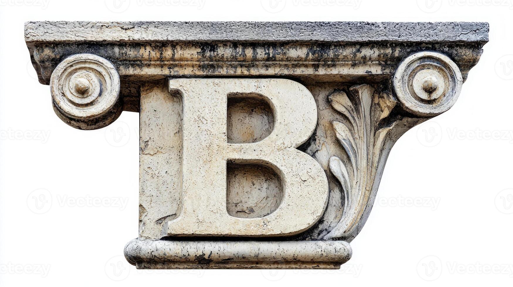 stylized letter B showcases an intricate antique column texture, capturing the elegance of classical design with detailed carvings on a stark white background. photo