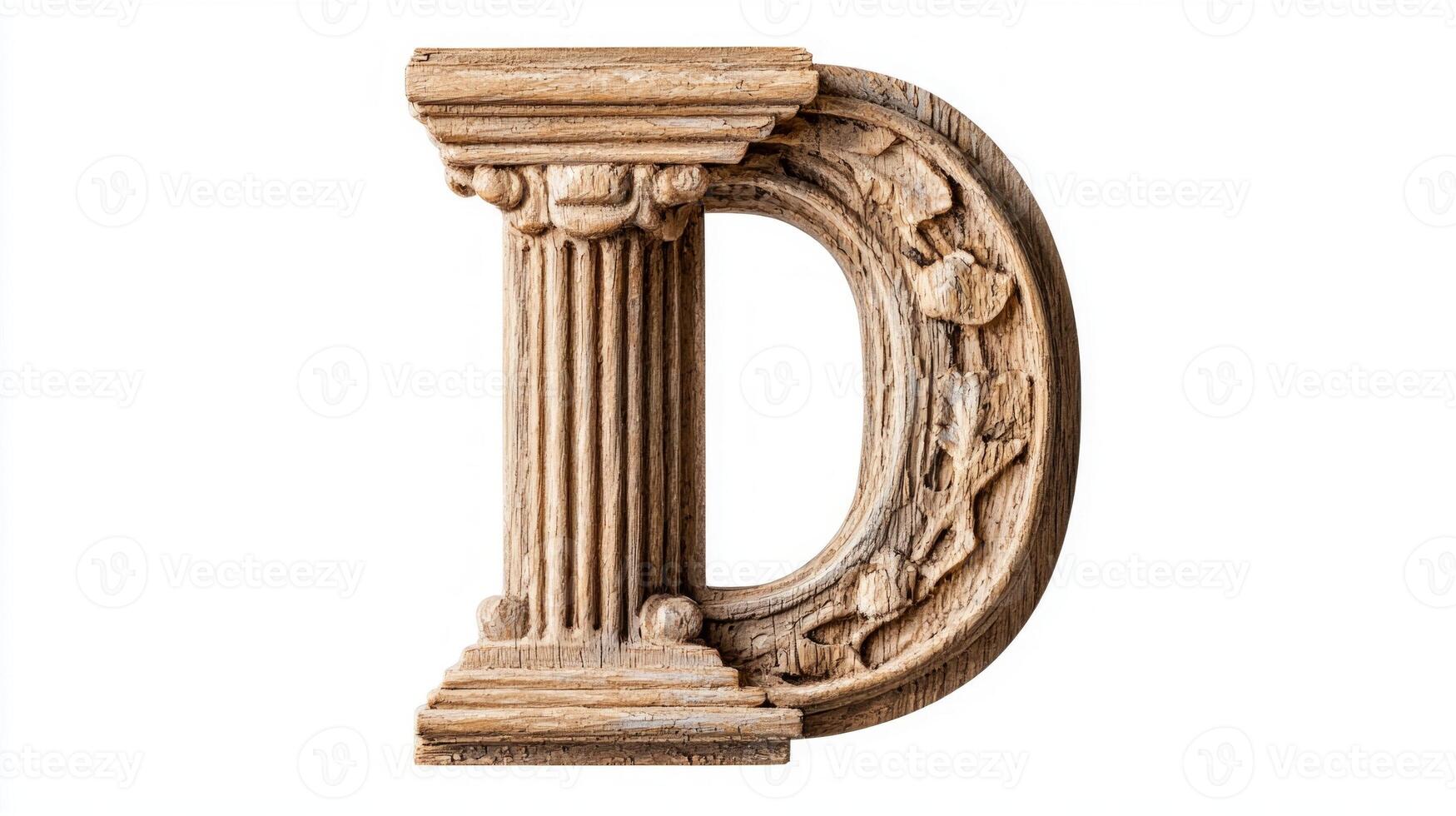 letter D stands out with a beautifully crafted antique column texture, showcasing intricate details. This design is set against a pristine white background, emphasizing its elegance. photo