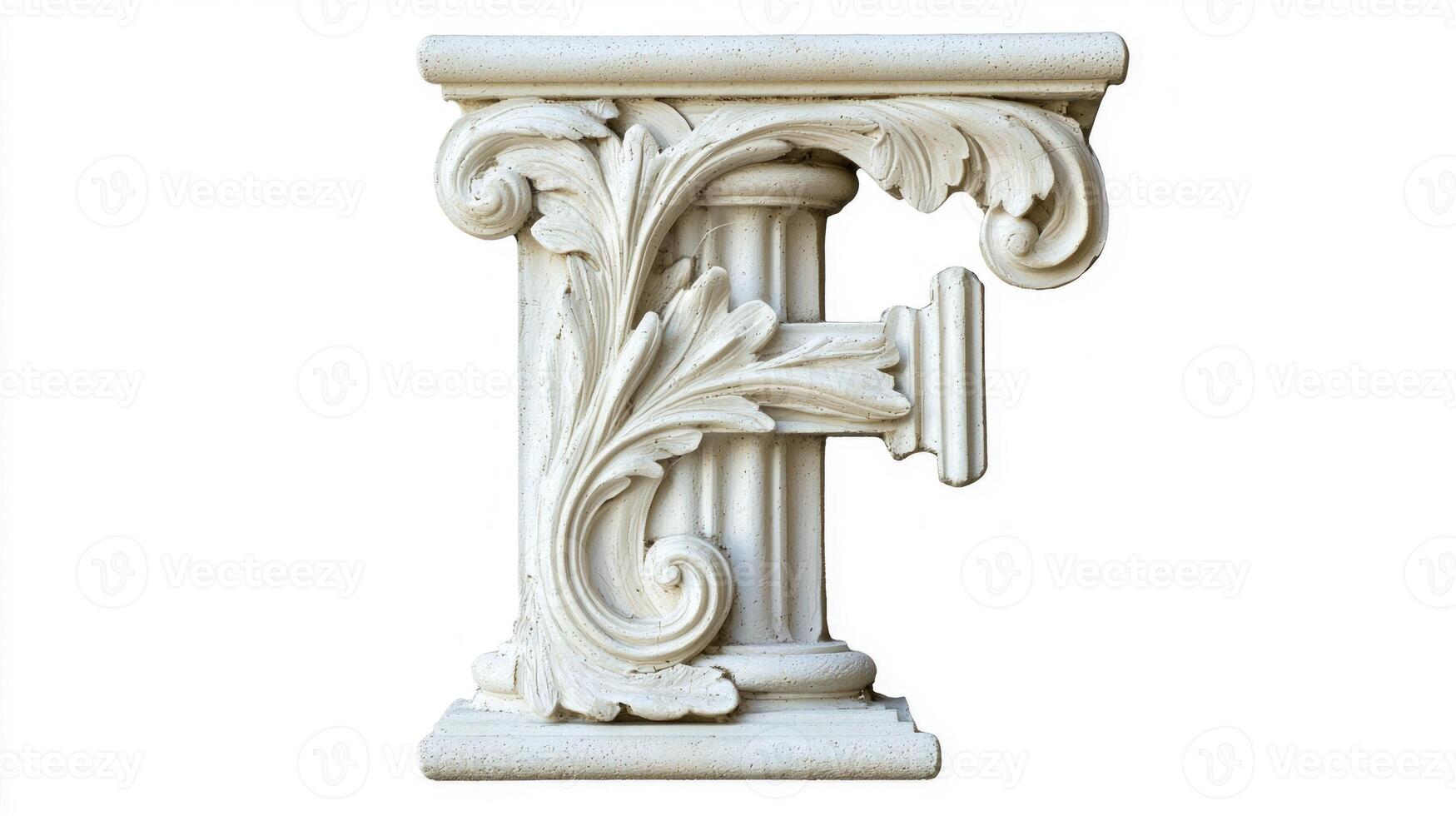 ornate letter F showcases a stunning antique column texture, beautifully detailed with intricate carvings and a classic white background that emphasizes its elegance. photo