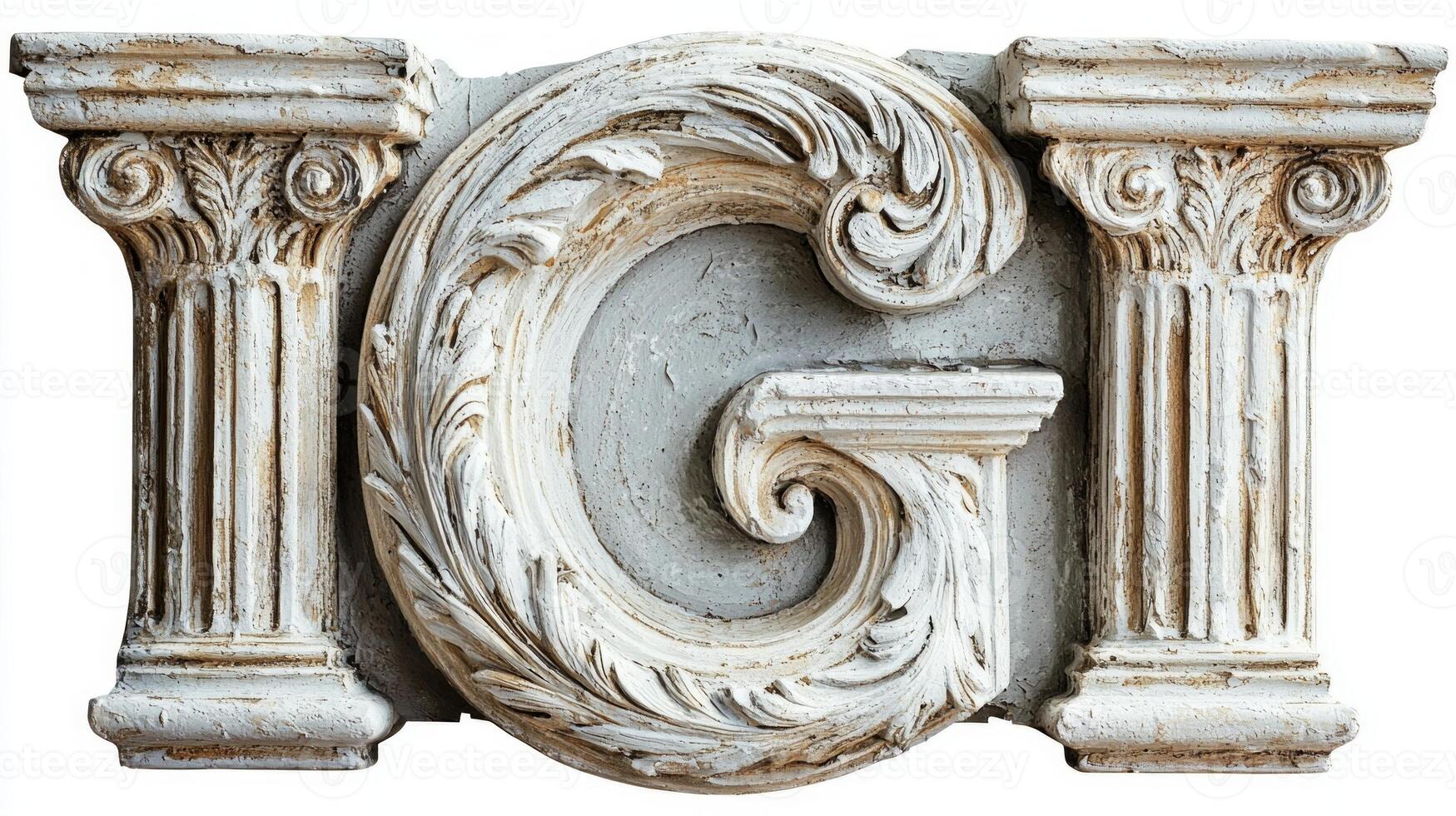striking letter G, beautifully crafted with vintage column texture, stands out in a realistic style against a clean white backdrop, perfect for artistic endeavors or design projects. photo