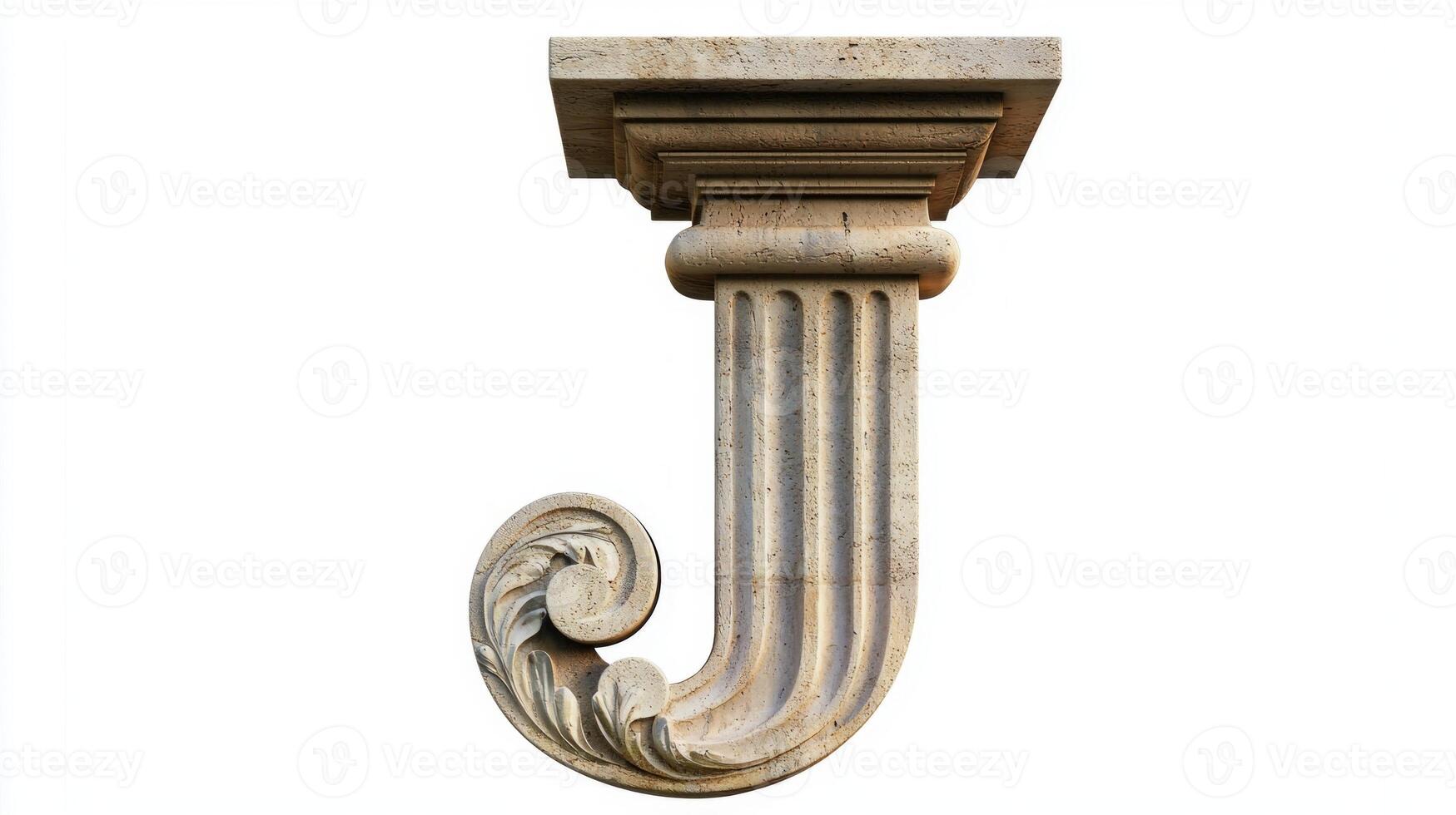 beautifully crafted letter J showcases an antique column texture, highlighting intricate details and curves against a pristine white backdrop. This artistic design invites creative interpretations. photo
