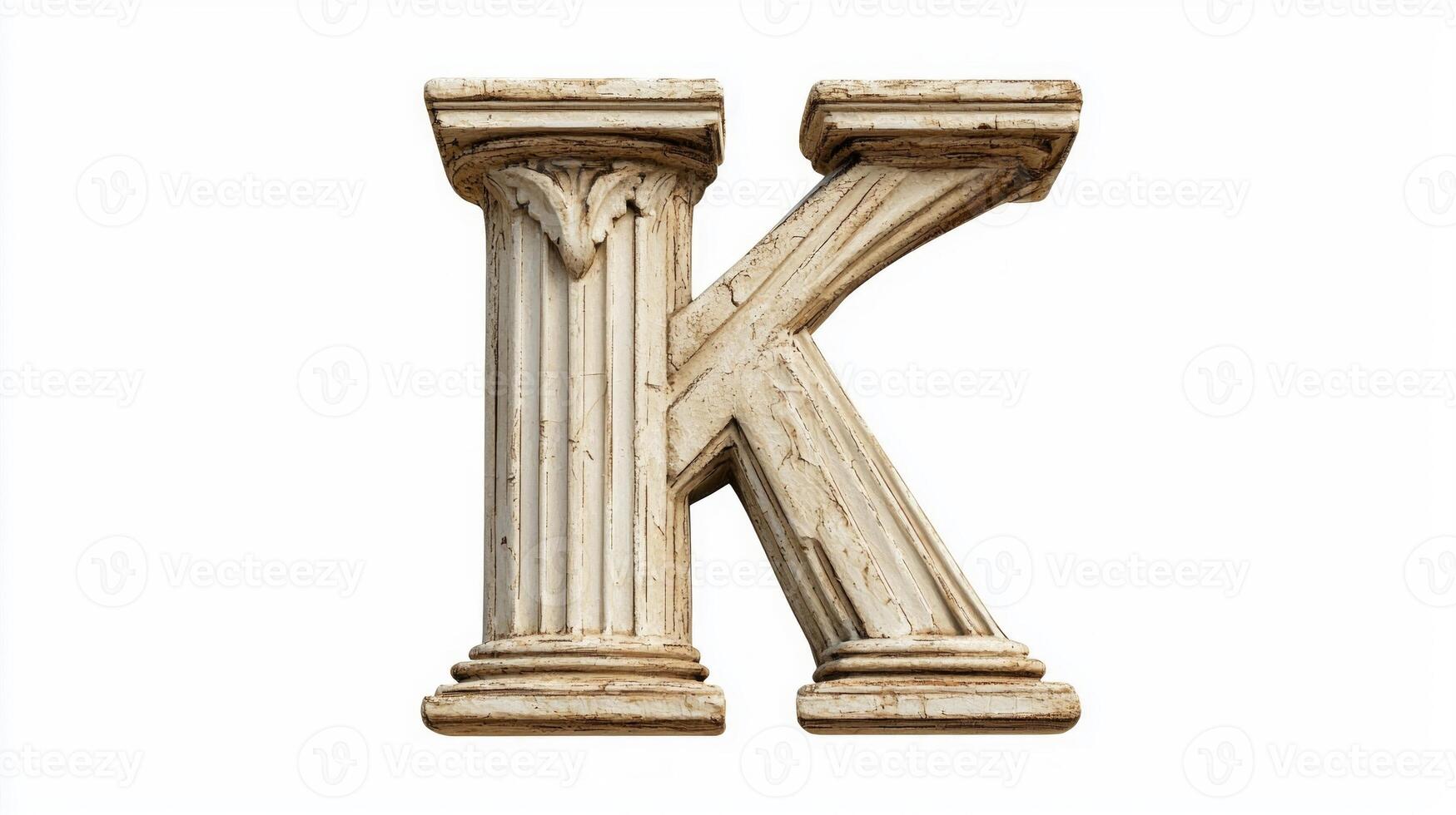 beautifully crafted letter K stands tall, featuring an intricate antique column texture, elegantly isolated against a clean white background, merging classic artistry with contemporary design. photo