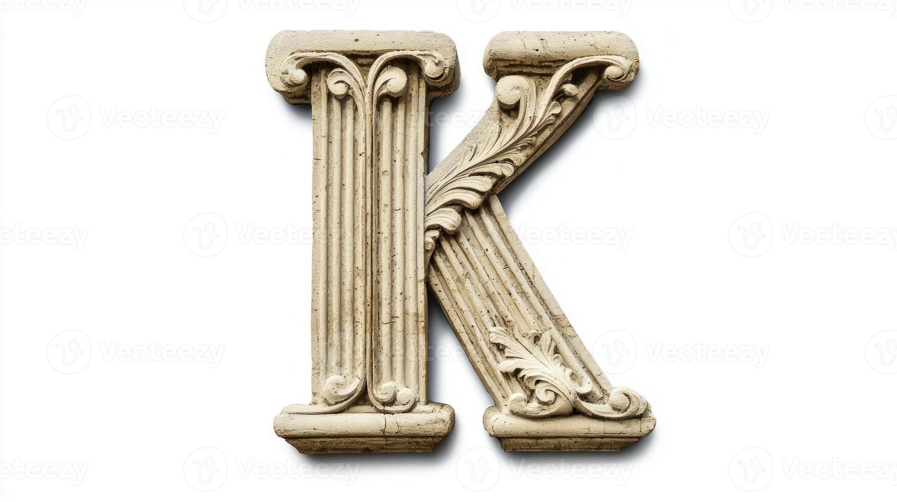 letter K in an ornate antique column texture stands out against a pristine white background, highlighting its artistic details and historical charm. photo