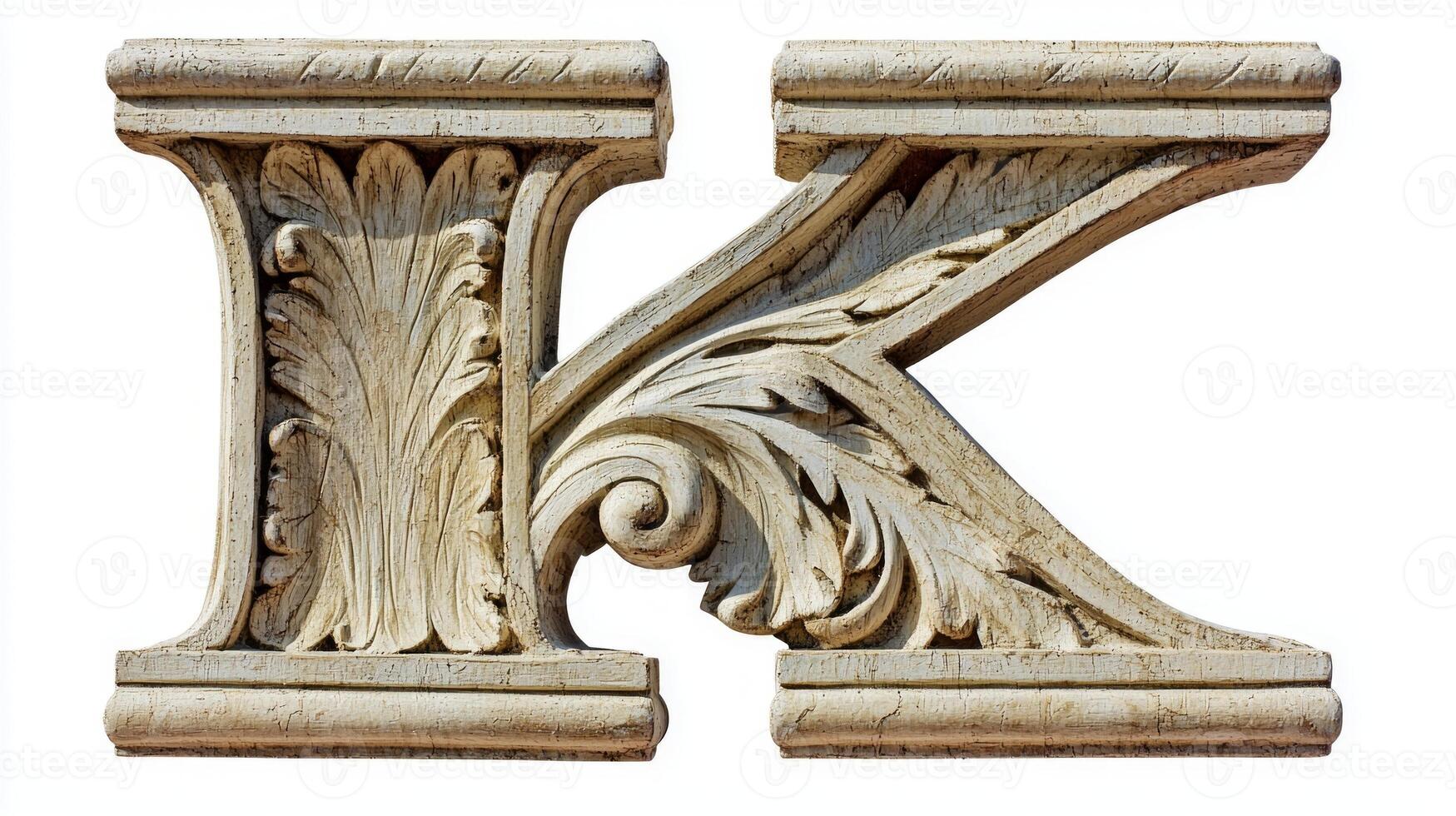 artwork features the letter K crafted from antique columns, displaying a beautiful texture and intricate detailing, set against a pristine white backdrop. photo
