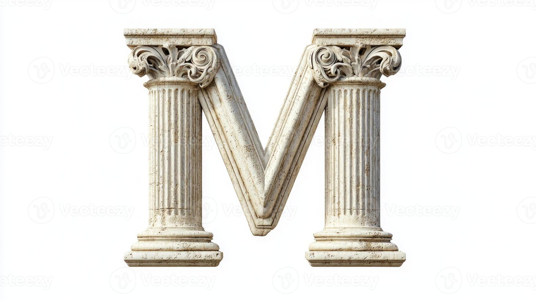 striking letter M showcases an antique column design, combining elegance and craftsmanship, perfect for decorative projects or typography art. photo