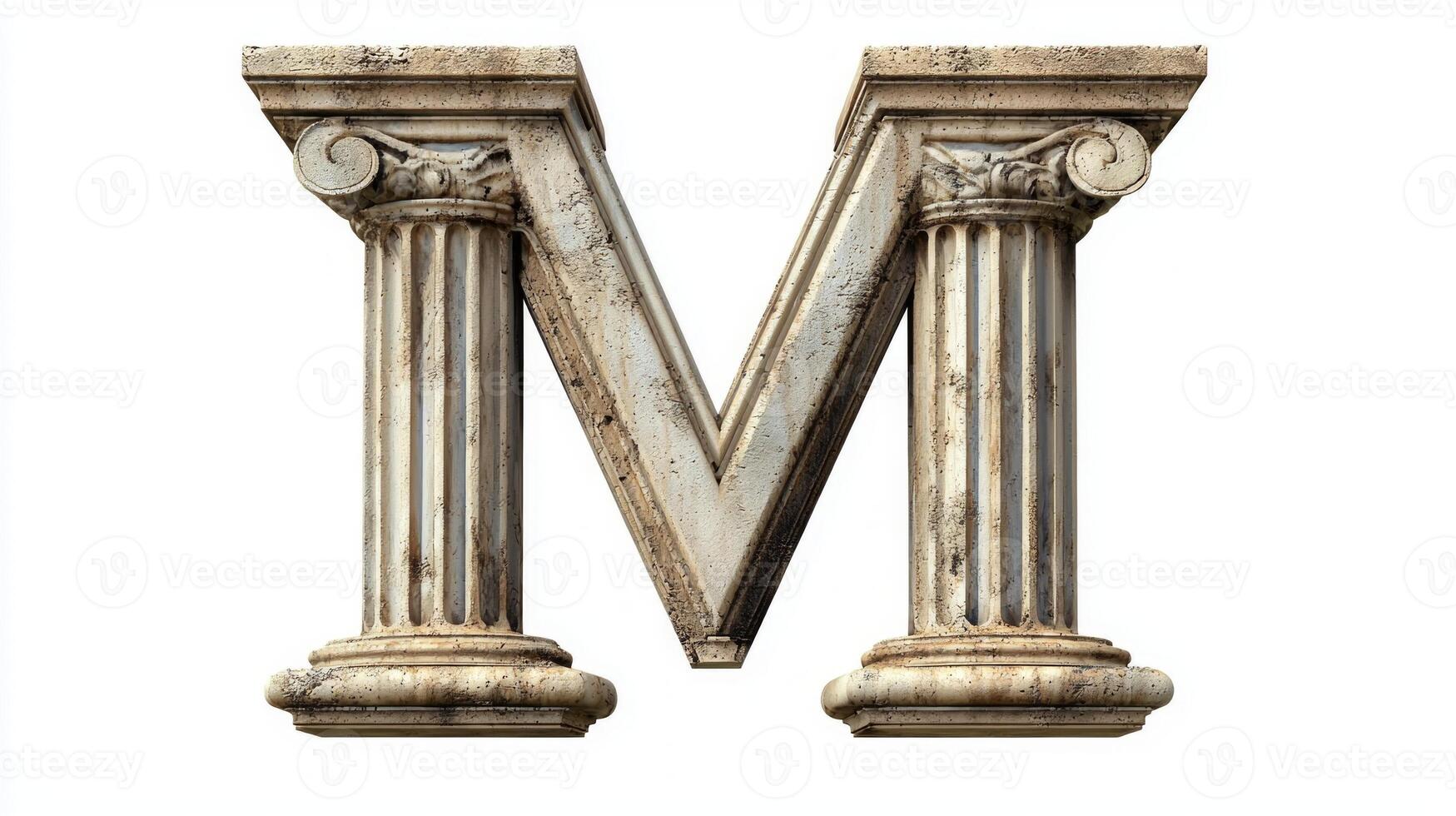 letter M is beautifully crafted with an antique column texture, showcasing intricate details and a realistic appearance on a stark white background, perfect for creative use. photo