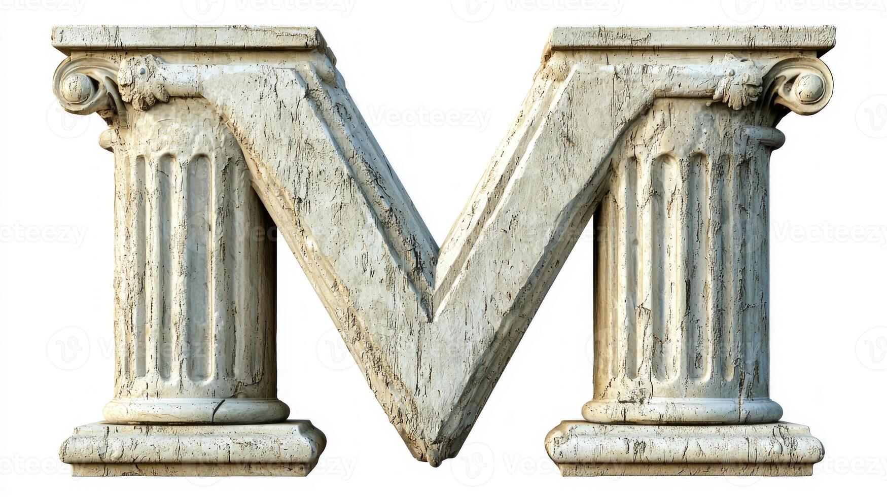letter M is artistically presented, showcasing intricate details reminiscent of antique columns, set against a stark white background. This piece exudes elegance and history. photo