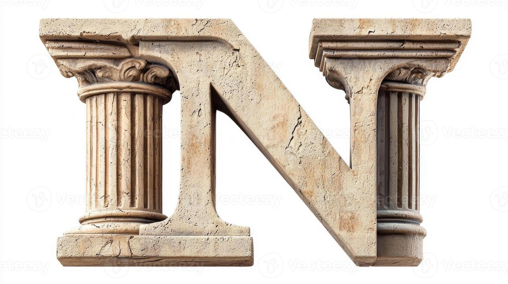 timeless letter N stands proudly, crafted with an antique column texture that highlights its historic elegance. The contrasting white background emphasizes its artistic design. photo