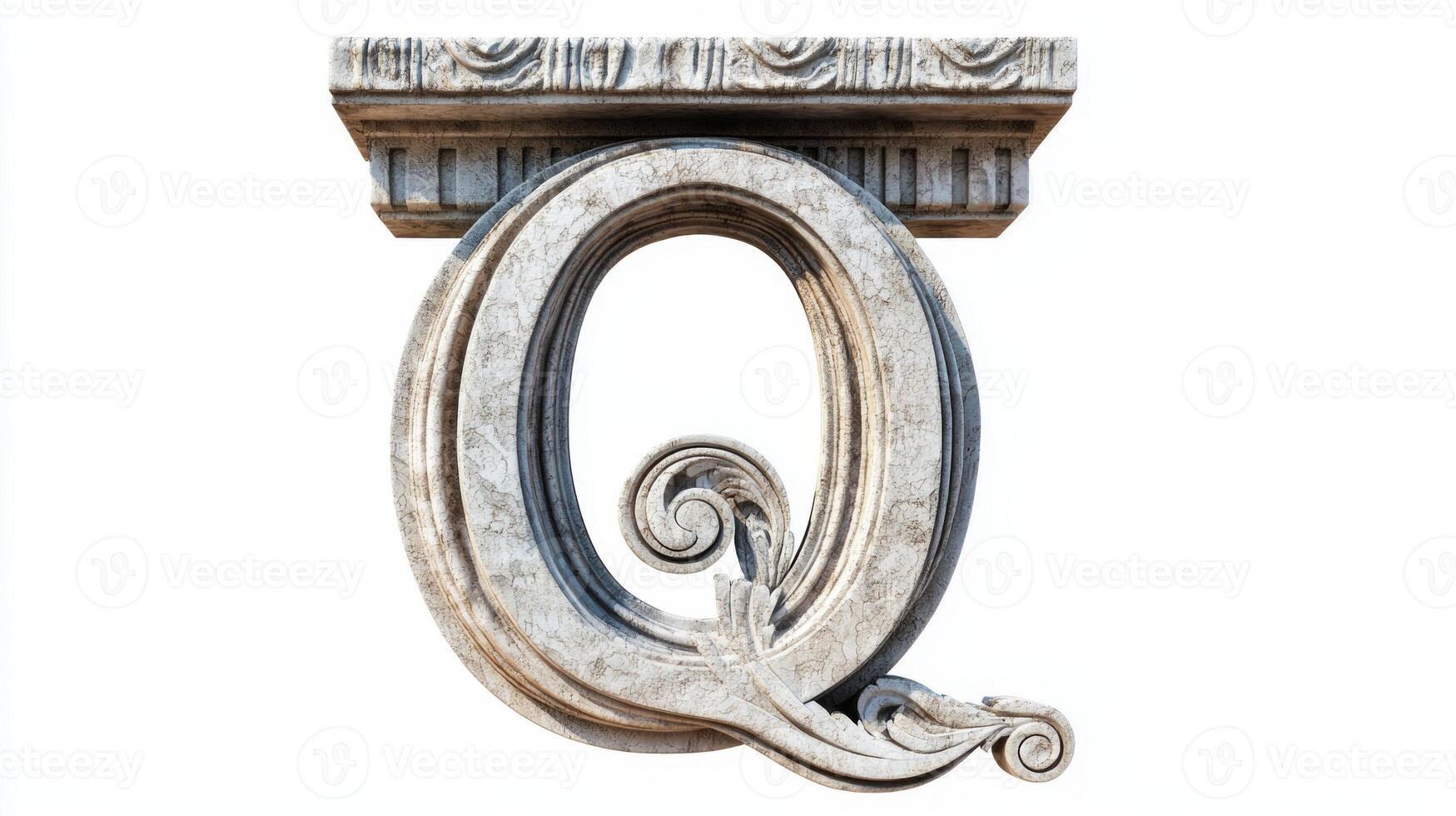 striking letter Q displays intricate details reminiscent of classic architecture, featuring an antique column texture photo
