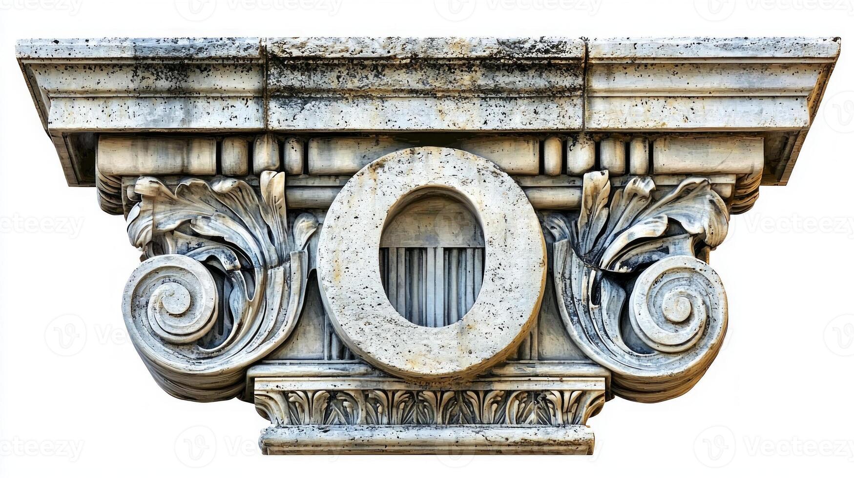 Featuring a beautifully crafted letter O, this antique column texture stands out on a pristine white background, showcasing intricate details and artistry. photo