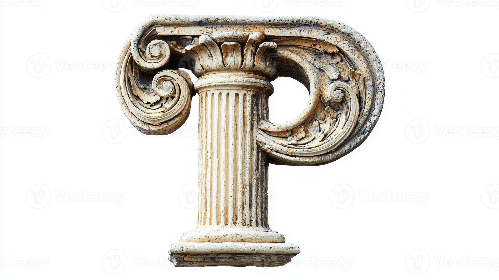 beautifully crafted letter P, designed with an antique column texture, stands out against a clean white background, evoking a sense of timeless elegance and artistry. photo