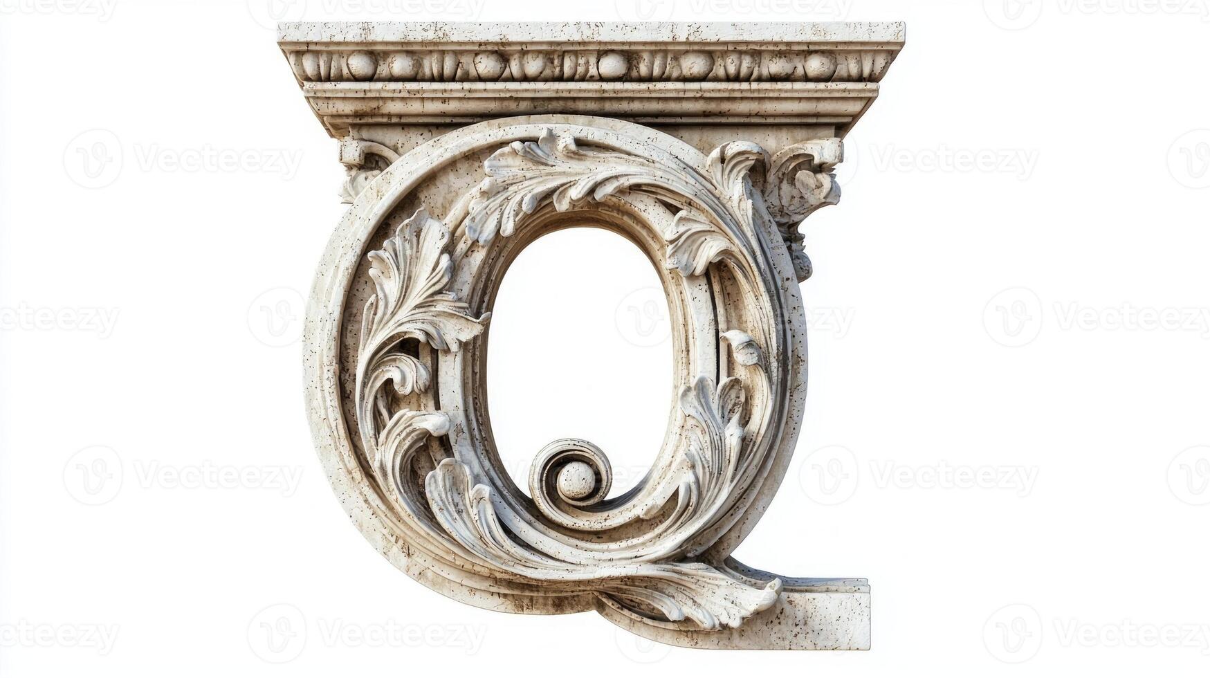 exquisite letter Q featuring an antique column texture highlights ornate carvings and a vintage appeal, set on a clean white background to enhance its artistic essence. photo