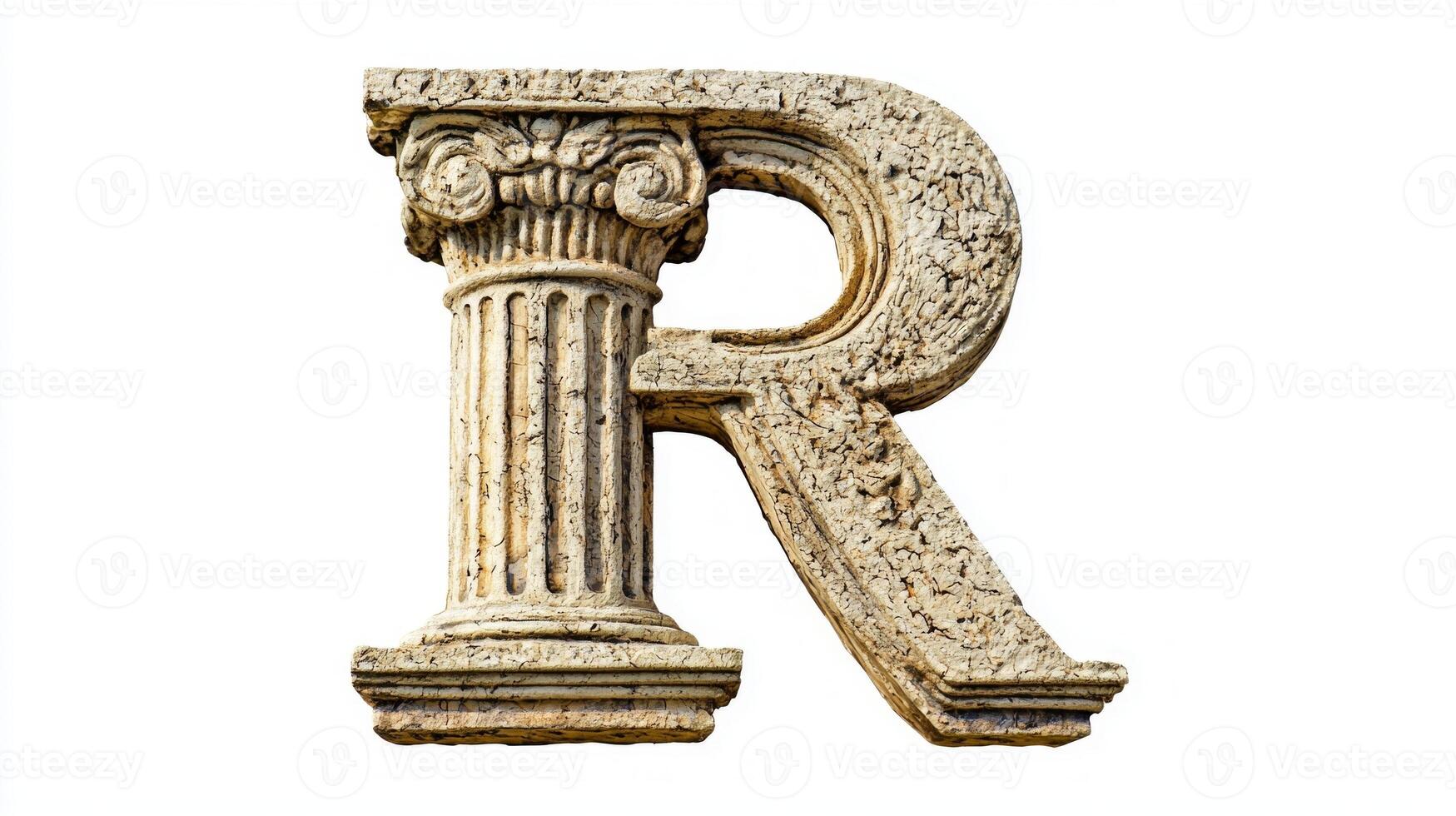 captivating representation of the letter R features a stunning antique column texture, emphasizing artistic craftsmanship against a pure white backdrop, evoking classic elegance. photo