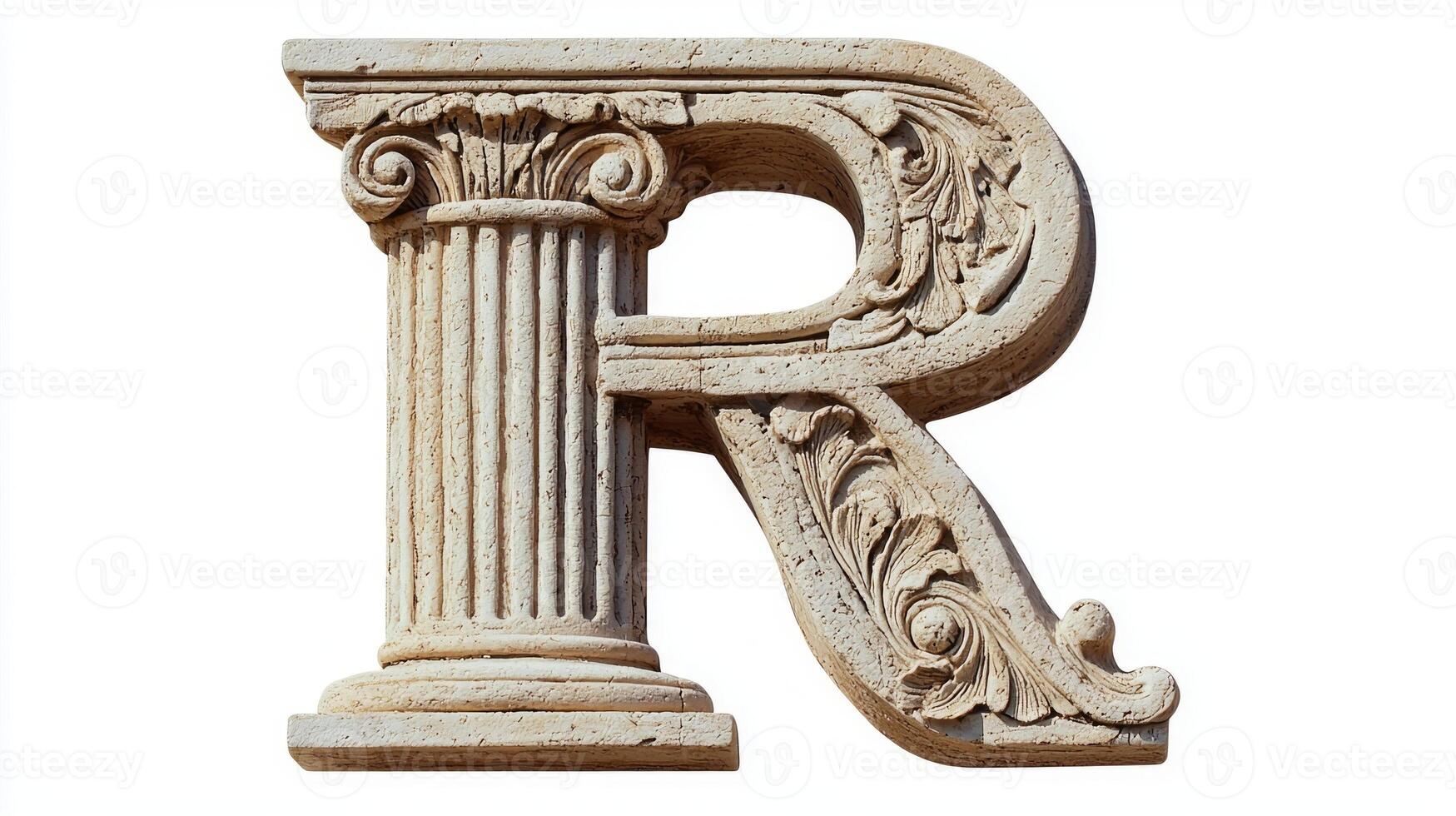 letter R stands majestically, featuring intricate details reminiscent of antique architecture, beautifully highlighted on a clean white background, showcasing timeless design. photo