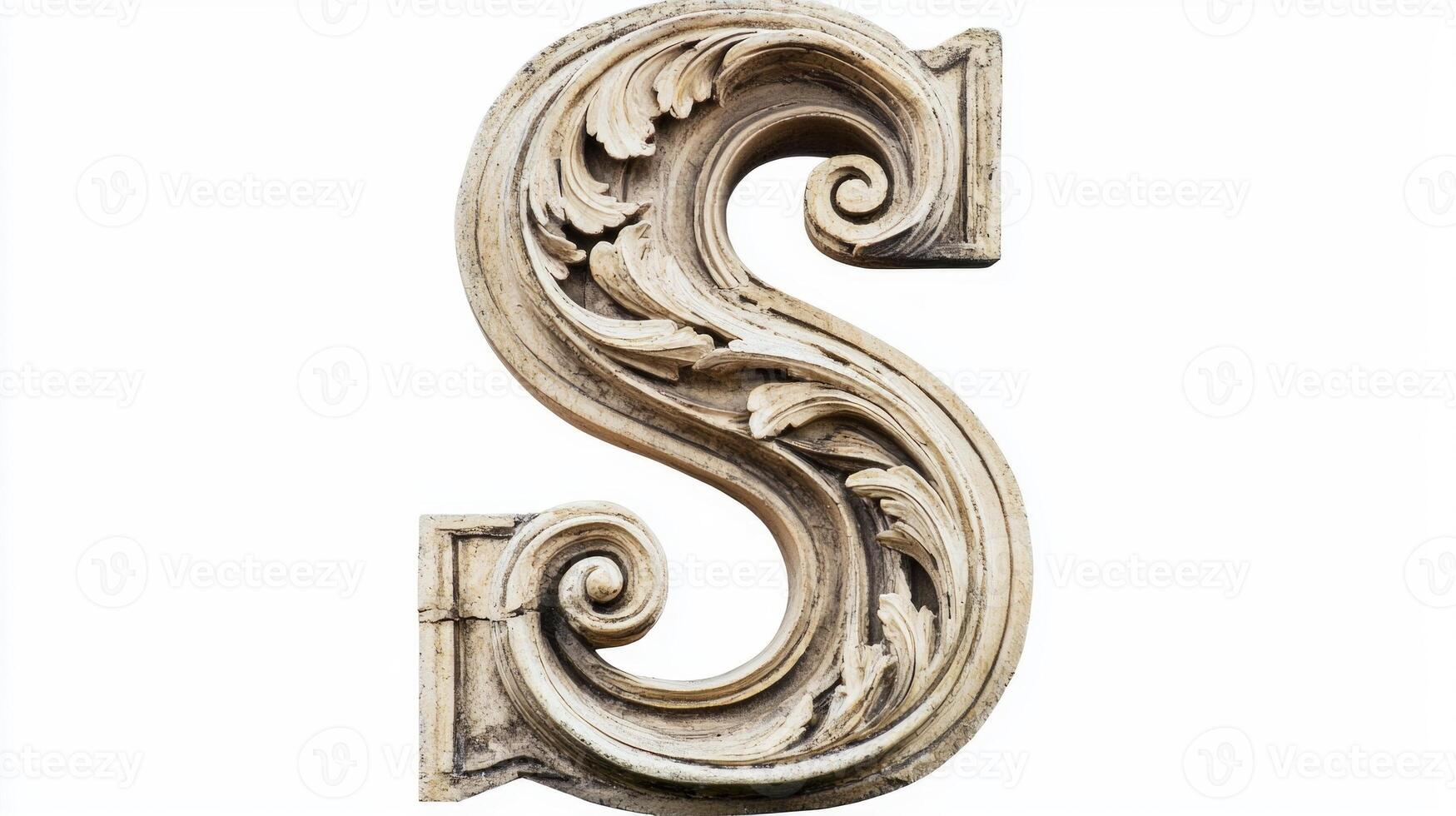 beautifully designed letter S displays elaborate detailing reminiscent of antique columns. This striking piece stands out prominently, evoking a sense of history and artistry. photo