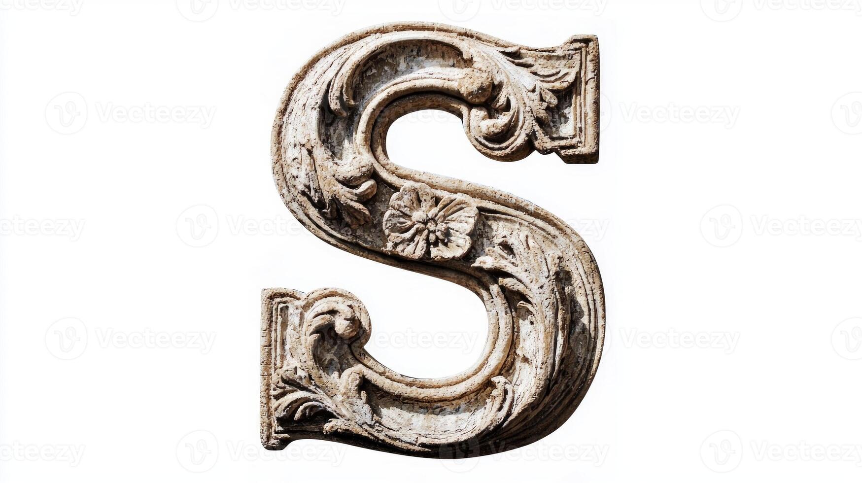 antique letter S showcases intricate carvings reminiscent of classical architecture, set against a stark white background that emphasizes its textures and details, perfect for artistic projects. photo