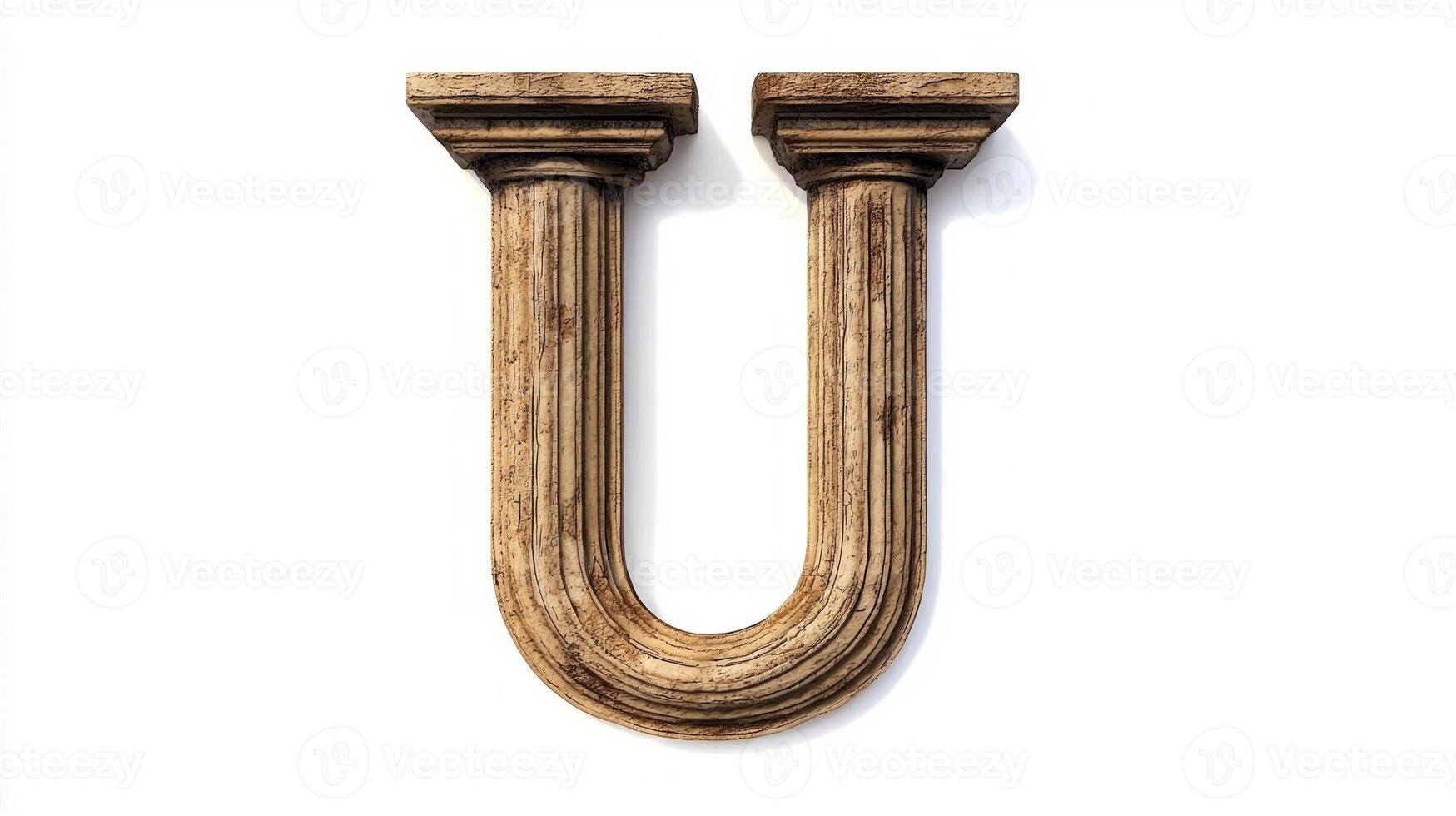 letter U stands elegantly, sculpted with intricate antique column texture, set against a clean white backdrop, showcasing its artistic and historical charm. photo
