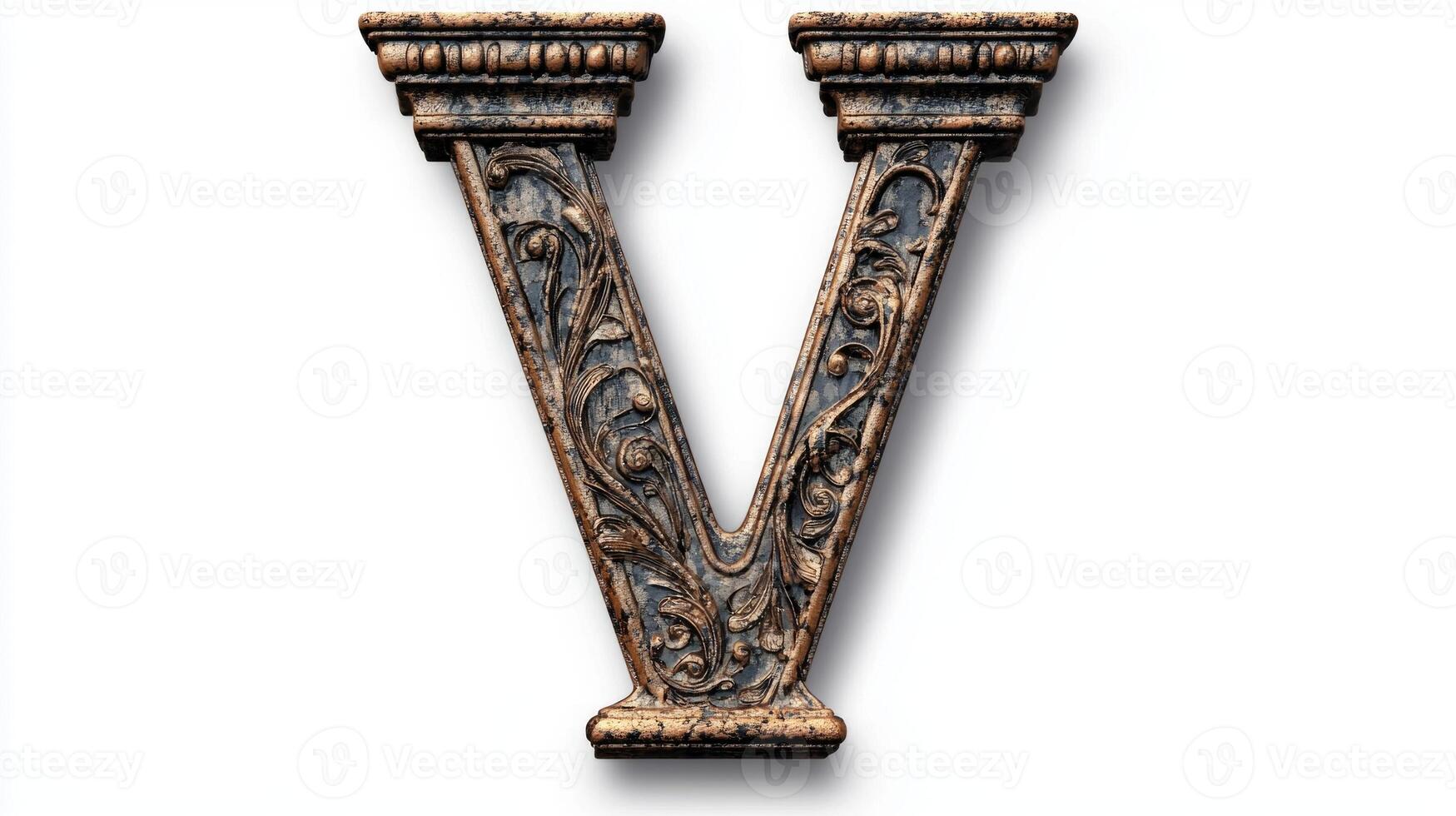 intricately designed letter V showcases an antique column texture, highlighting detailed carvings and aged finishes that evoke a timeless elegance photo