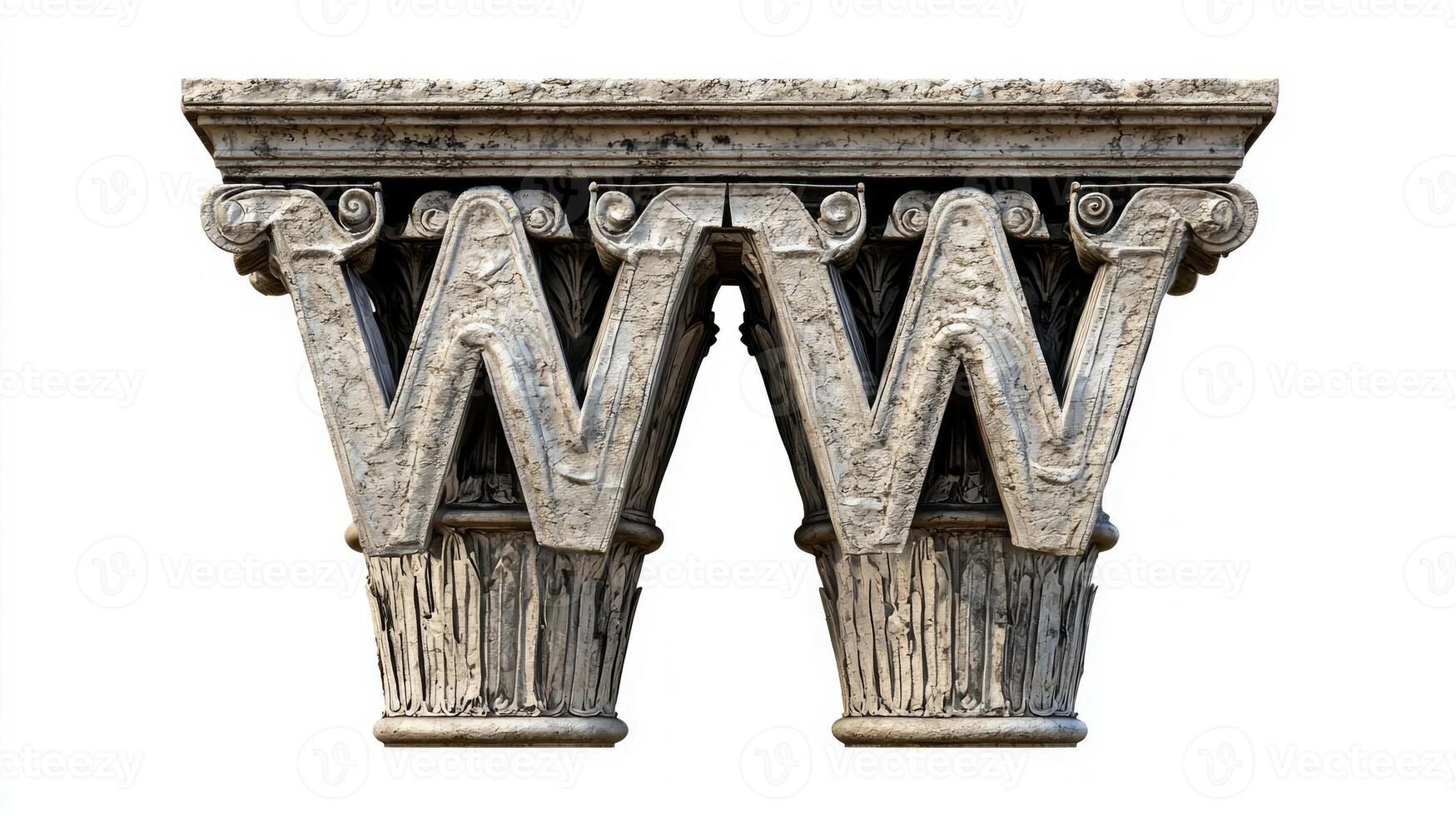 letter W is artistically designed with an antique column texture, showcasing detailed craftsmanship against a clean white background, radiating elegance and history. photo