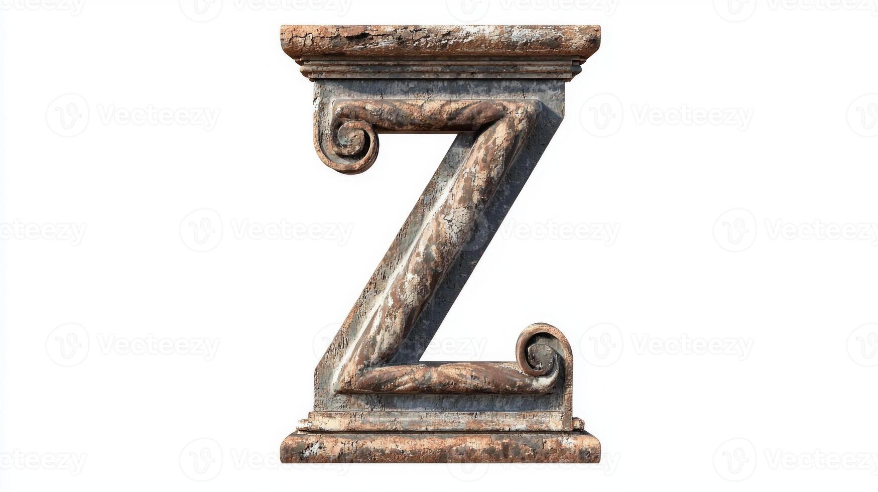 beautifully crafted letter Z displays a rich antique column texture, isolated on a pristine white background, highlighting its unique artistry and historical charm. photo