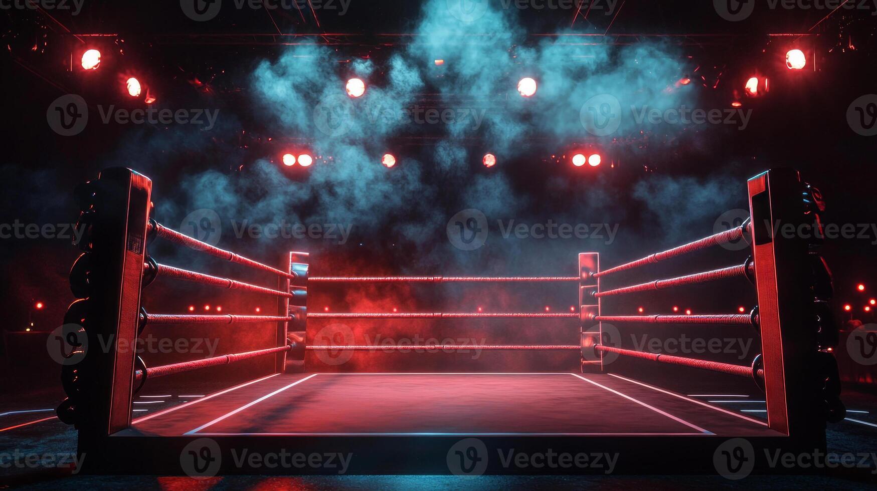 boxing ring stands ready illuminated from behind as wisps smoke drift through vibrant lights setting stage for electrifying fight night filled with anticipation and intensity. photo
