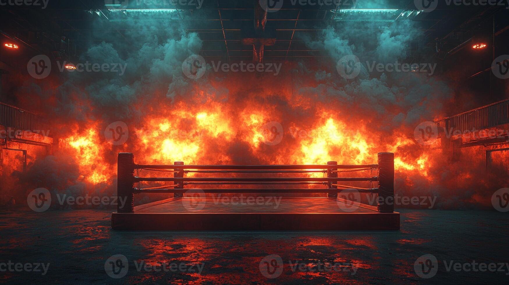 vibrant boxing ring stands boldly in the arena illuminated by dramatic backlighting. Thick smoke swirls around amplifying the atmosphere of an electrifying fight night filled with anticipation. photo