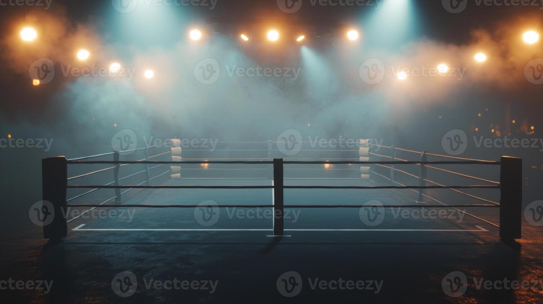 Backlit spotlights illuminate a boxing ring surrounded by a smoky haze capturing the electrifying vibe of an epic fight night filled with anticipation. photo