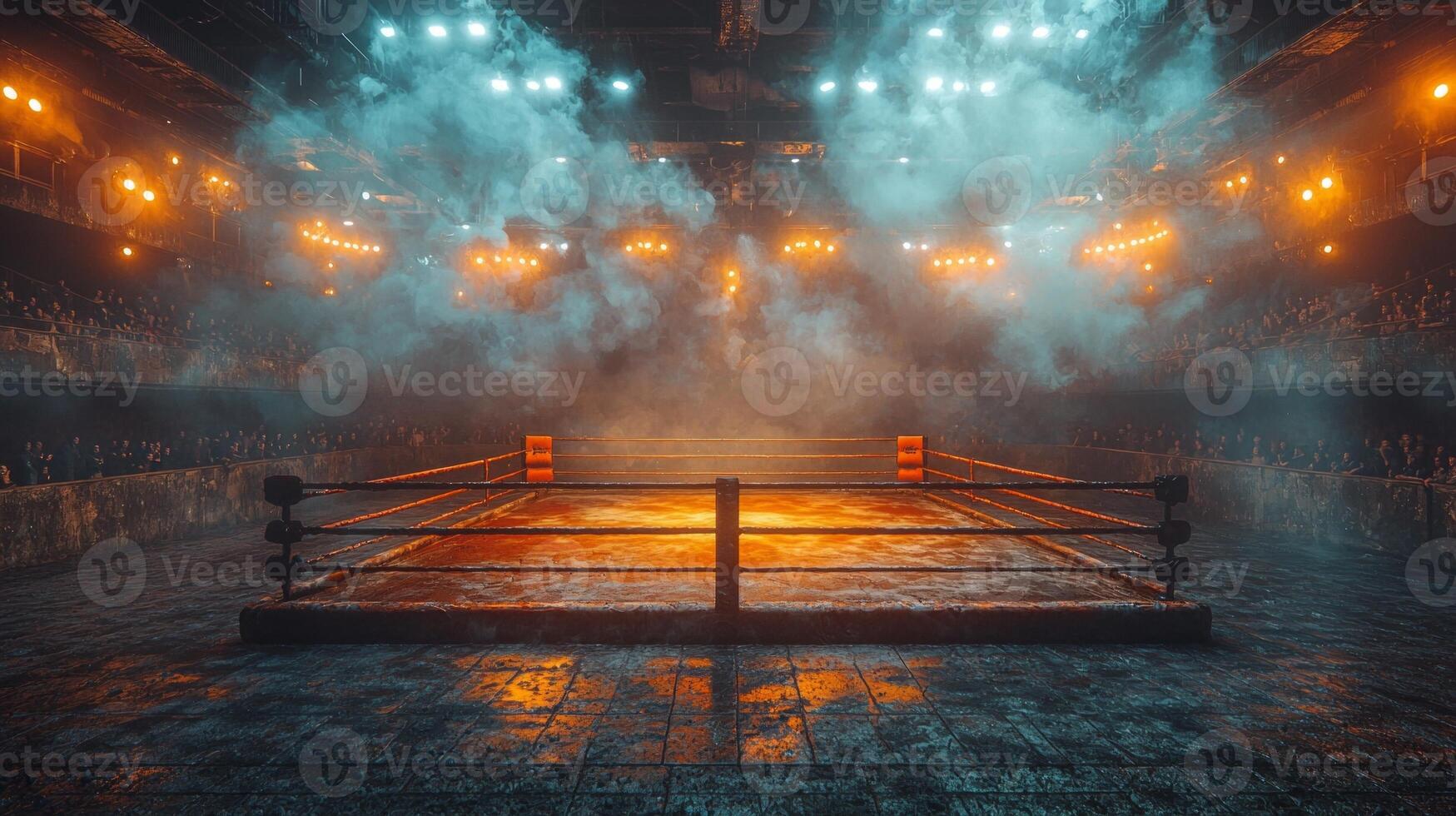boxing ring dominates the arena surrounded by a cloud thick smoke and illuminated by vibrant backlighting setting the stage for thrilling fight night atmosphere. photo