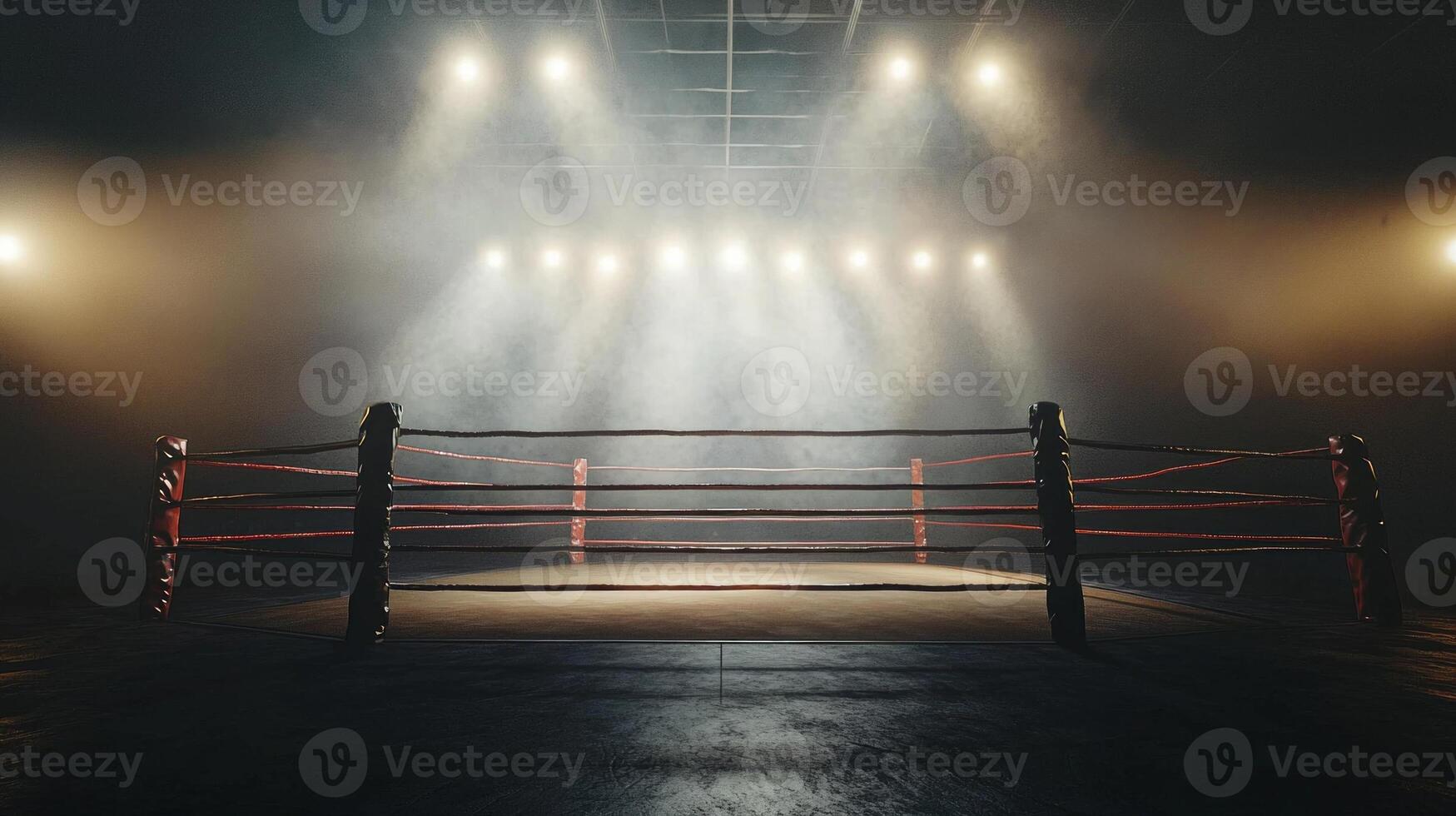 empty boxing arena creates an electrifying ambiance as the ring is dramatically illuminated. Faint smoke adds depth enhancing the anticipation for the fight night ahead. photo