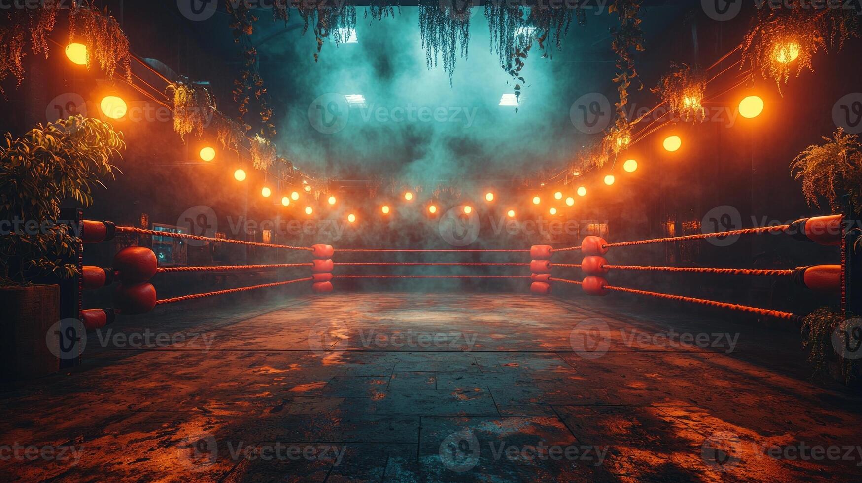 empty boxing ring awaits its contenders surrounded by rising smoke and illuminated by dramatic backlighting. The atmosphere is thick with tension and anticipation. photo