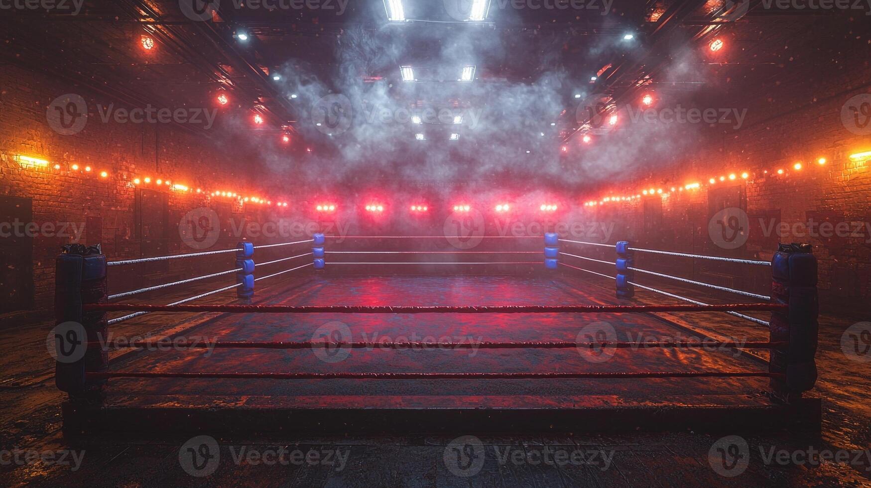 dynamic setting showcases an illuminated boxing ring under powerful spotlights enveloped in an atmospheric haze embodying the intensity of fight night. photo