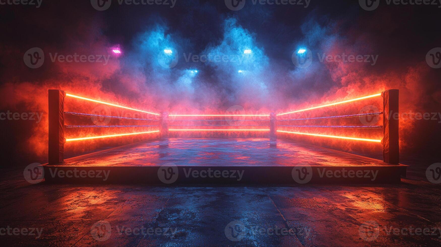 boxing ring stands ready cloaked in thick smoke and lit by powerful backlights building an intense atmosphere that promises an unforgettable fight night. photo