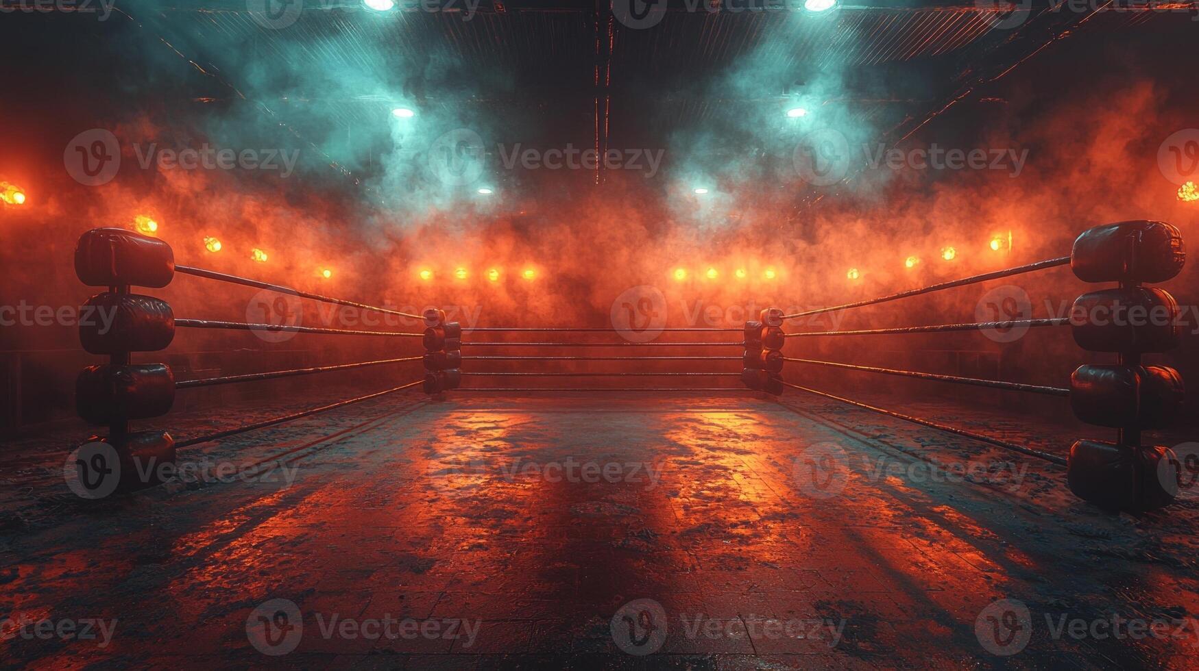 atmosphere is electric as powerful backlights shine over the boxing ring shrouded in thick smoke that hints at an imminent showdown on fight night. photo