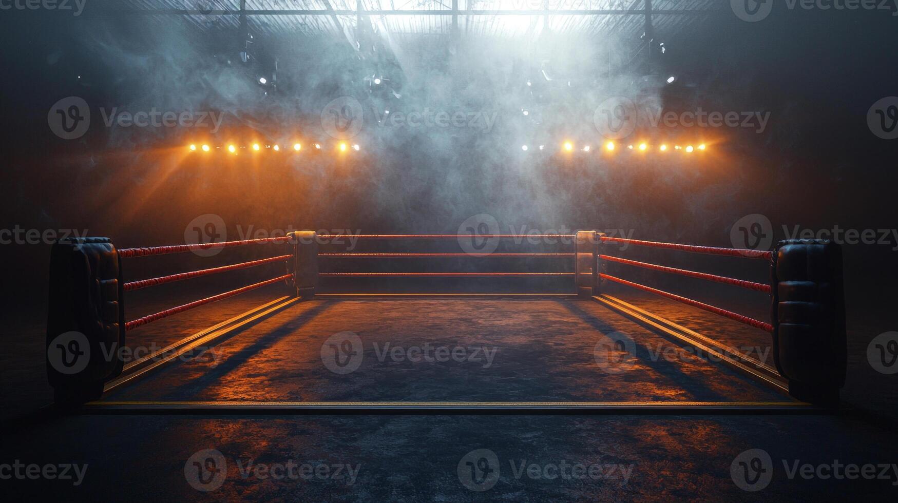 classic boxing ring sits under powerful lights enveloped in layer of smoke setting the stage for epic championship fight full of tension and anticipation. photo