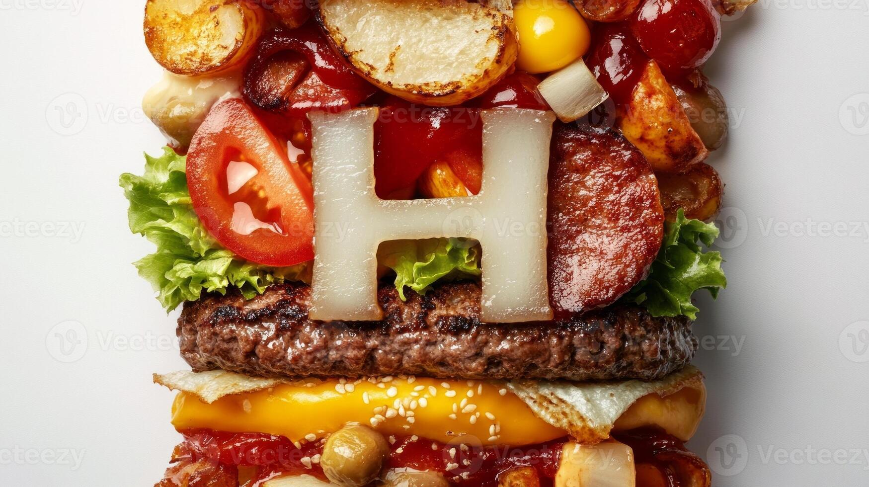 letter H is formed using an assortment of hamburger ingredients including lettuce tomatoes cheese and a beef patty all isolated on a white background. photo