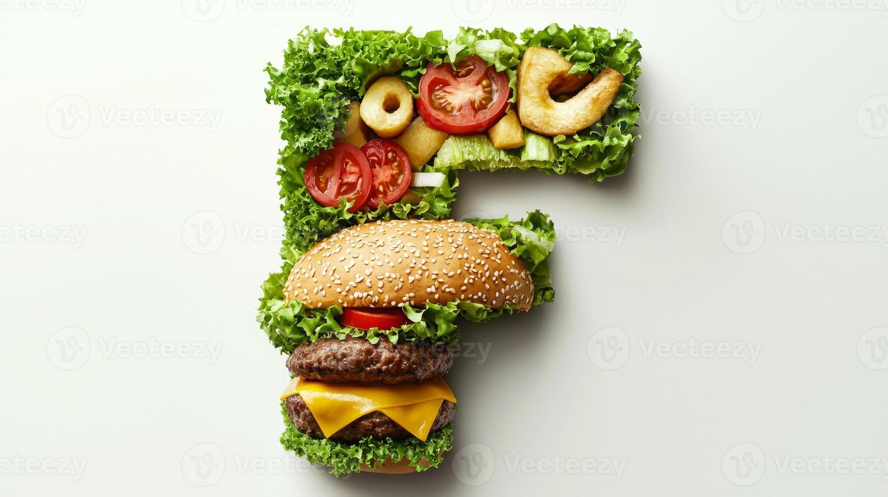 creative representation showcases the letter F made entirely from burger ingredients featuring a juicy patty cheese fresh lettuce and colorful toppings isolated against a bright backdrop. photo