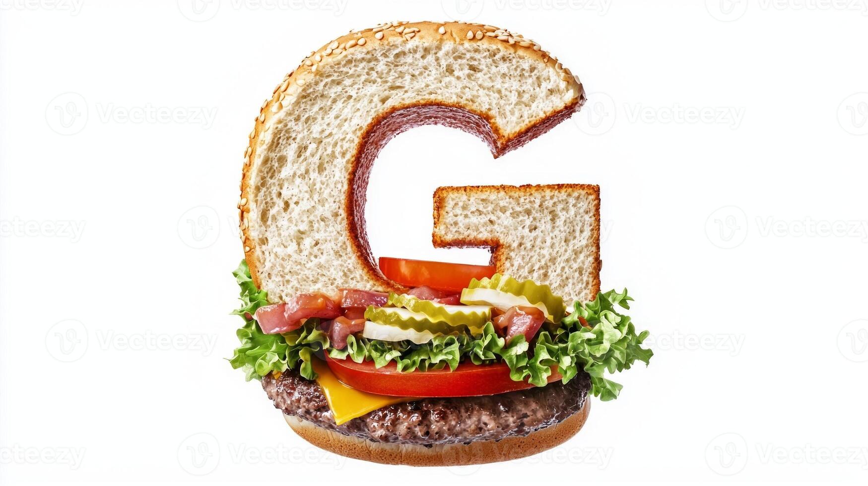 creative piece features the letter G formed using hamburger ingredients including lettuce tomato pickles and a juicy patty against a clean white backdrop. photo