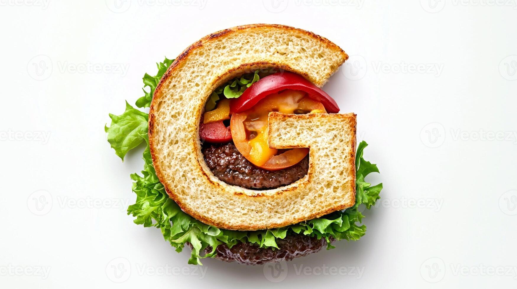 stunning arrangement showcases the letter G formed from a hamburger with vibrant toppings perfectly blending artistry with culinary delight set against a plain white backdrop. photo