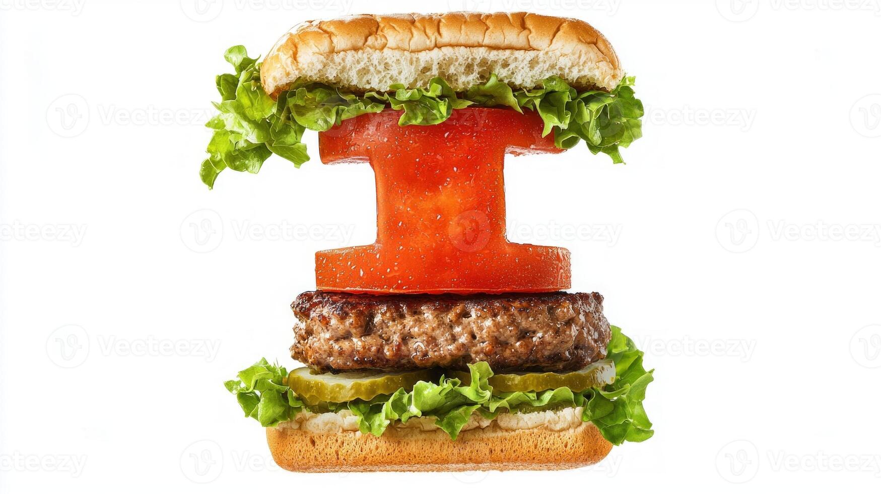 unique culinary creation features the letter I crafted from a hamburger highlighting fresh lettuce tomato and a savory patty. It is presented on a bright white canvas. photo